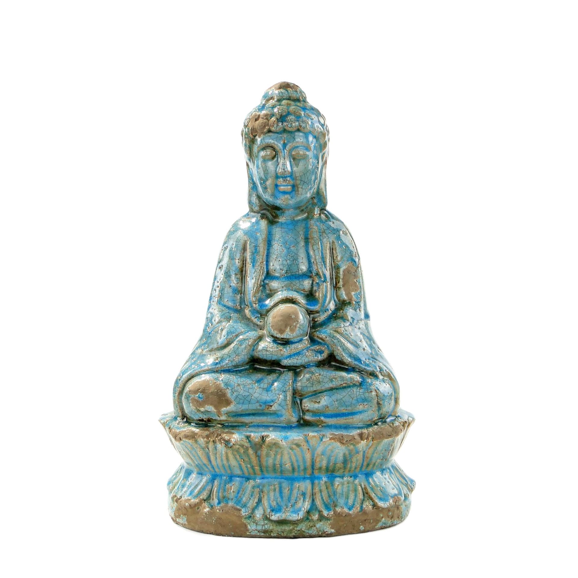 Buddha Figure, turquoise blue, glazed ceramic brown, 1990s