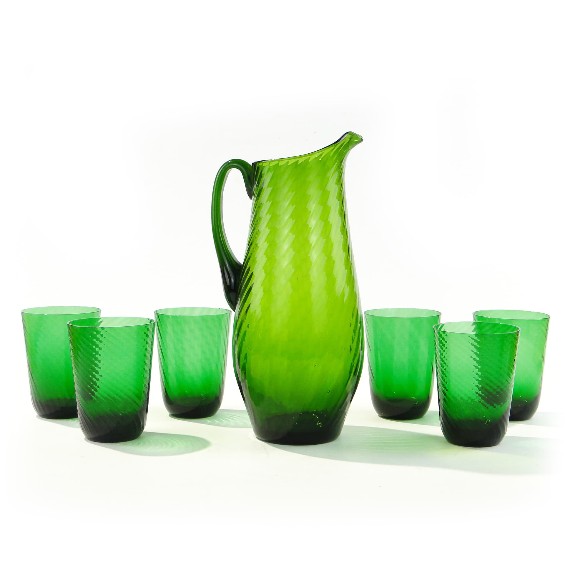Beverage set Wir, emerald glass, by Z. Horbowy, Huta Szkła Sudety, Poland, 1970s.