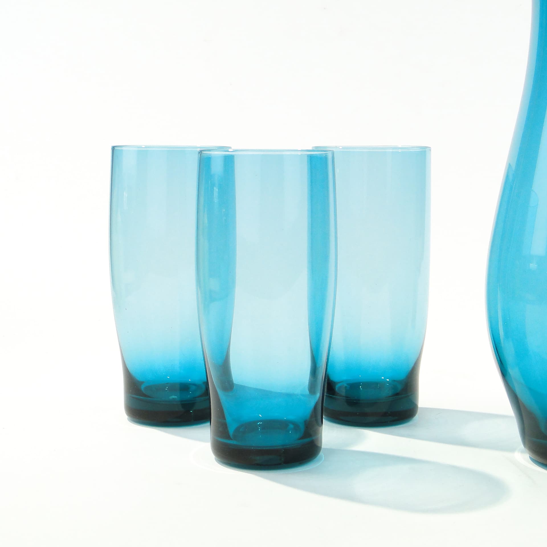 Drinkware set, azure, glass, by S. Sarnacki, Krośnieńskie Huty Szkła, Poland, 1970s. - 346511