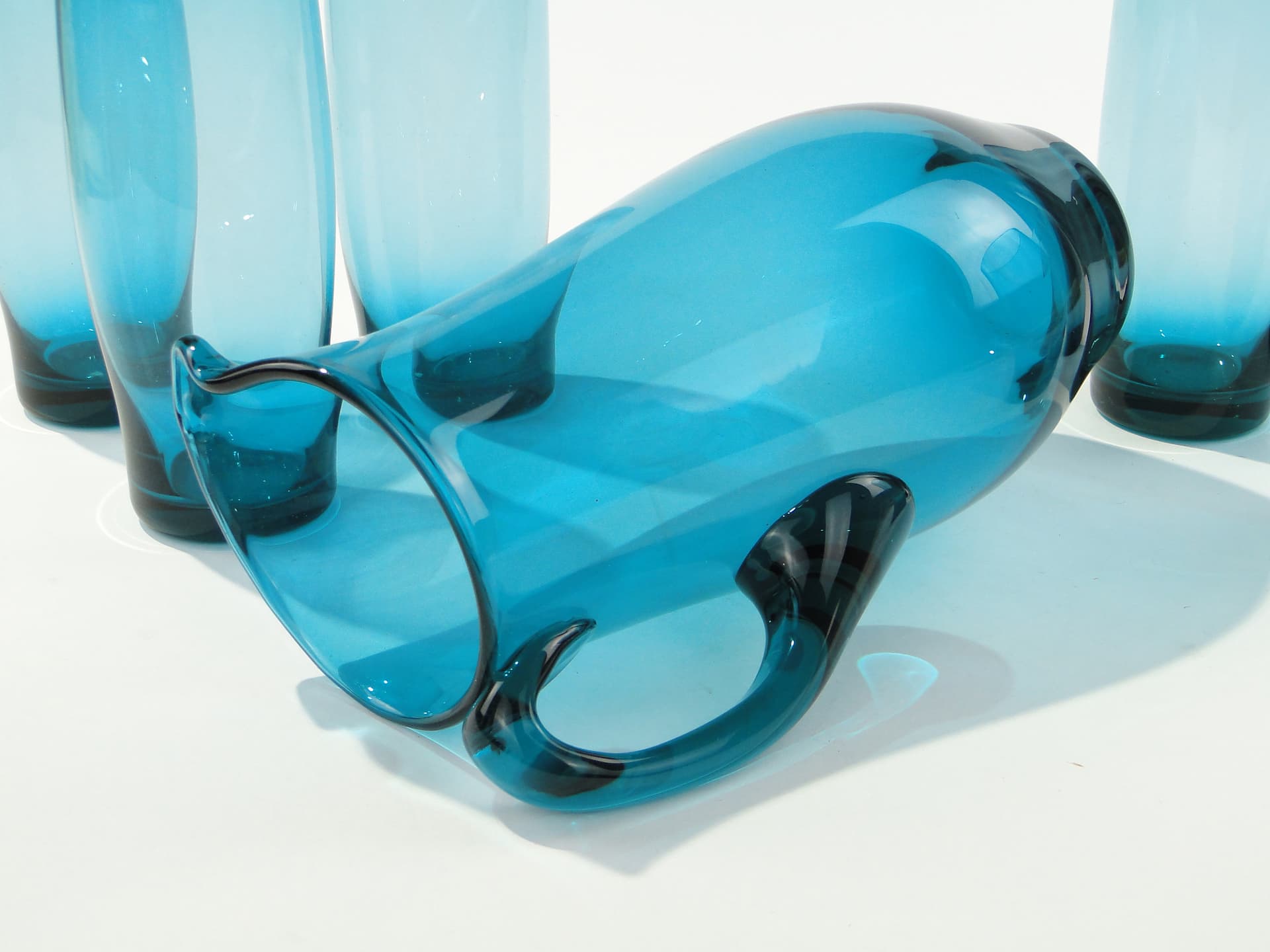 Drinkware set, azure, glass, by S. Sarnacki, Krośnieńskie Huty Szkła, Poland, 1970s. - 346514
