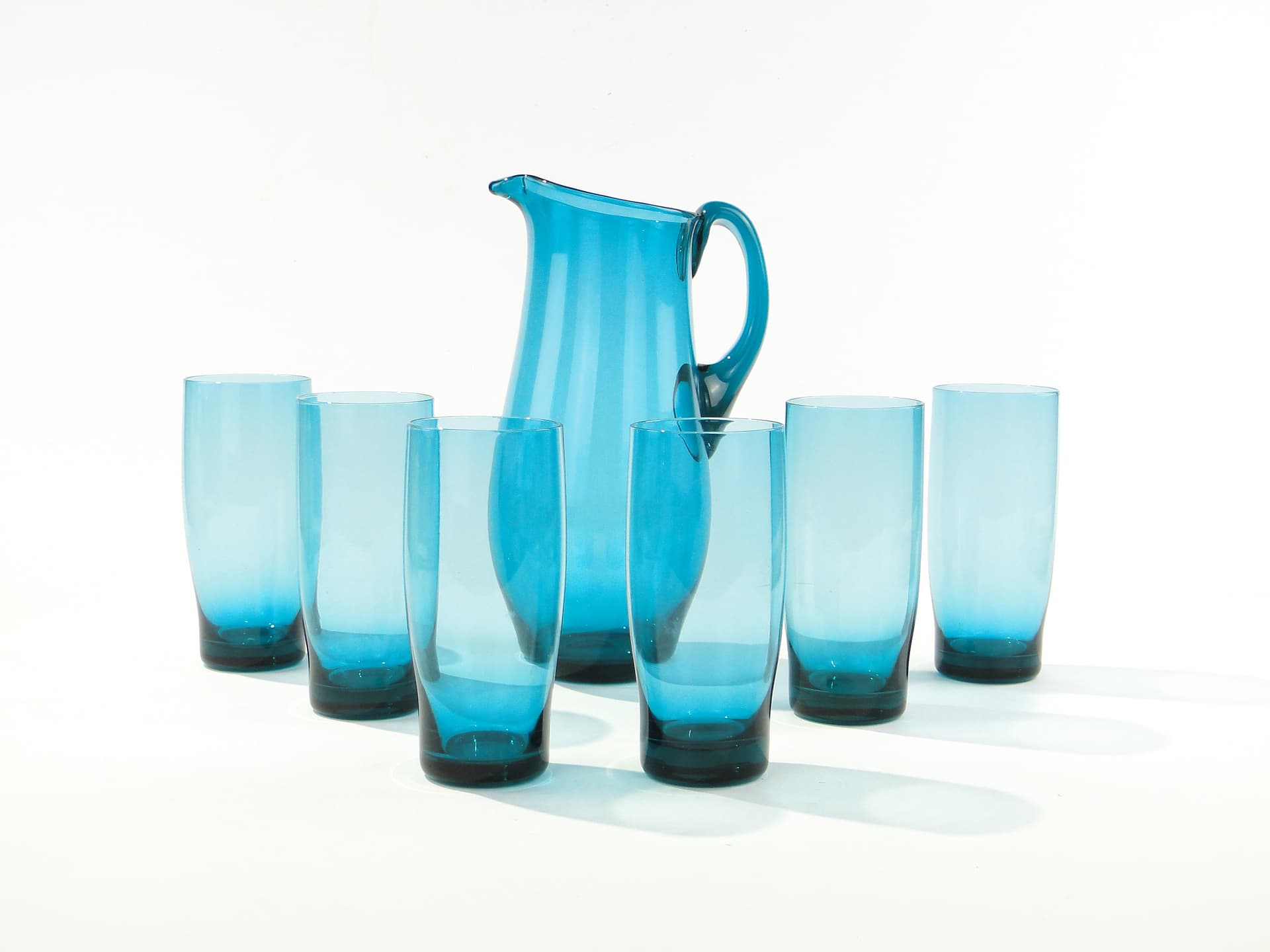 Drinkware set, azure, glass, by S. Sarnacki, Krośnieńskie Huty Szkła, Poland, 1970s. - 346517