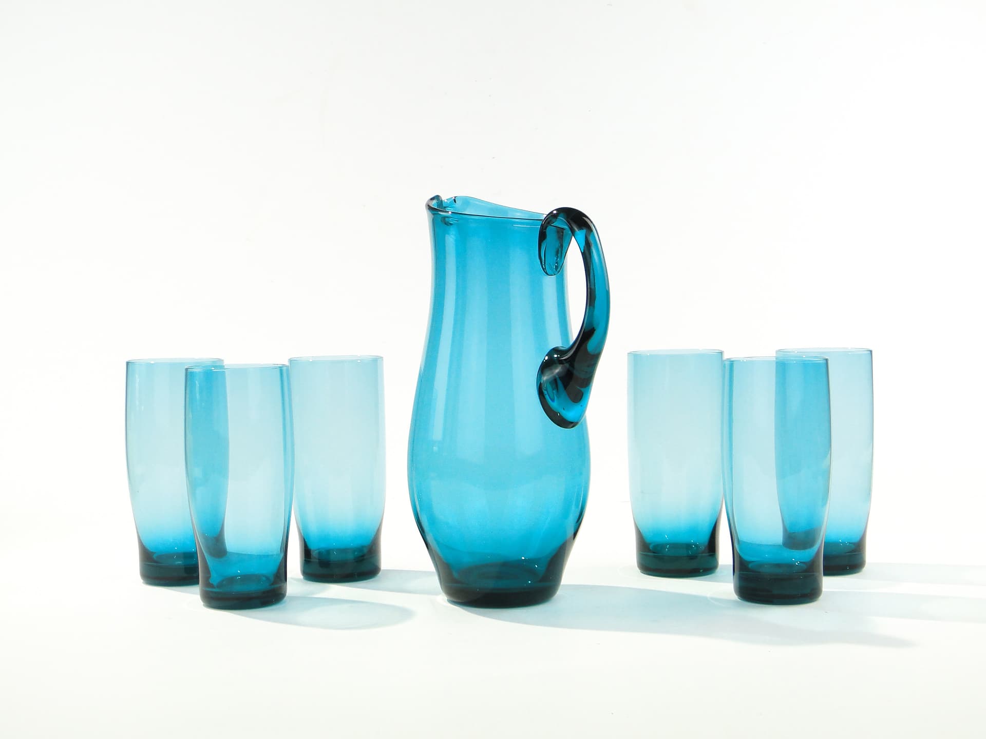Drinkware set, azure, glass, by S. Sarnacki, Krośnieńskie Huty Szkła, Poland, 1970s. - 346510