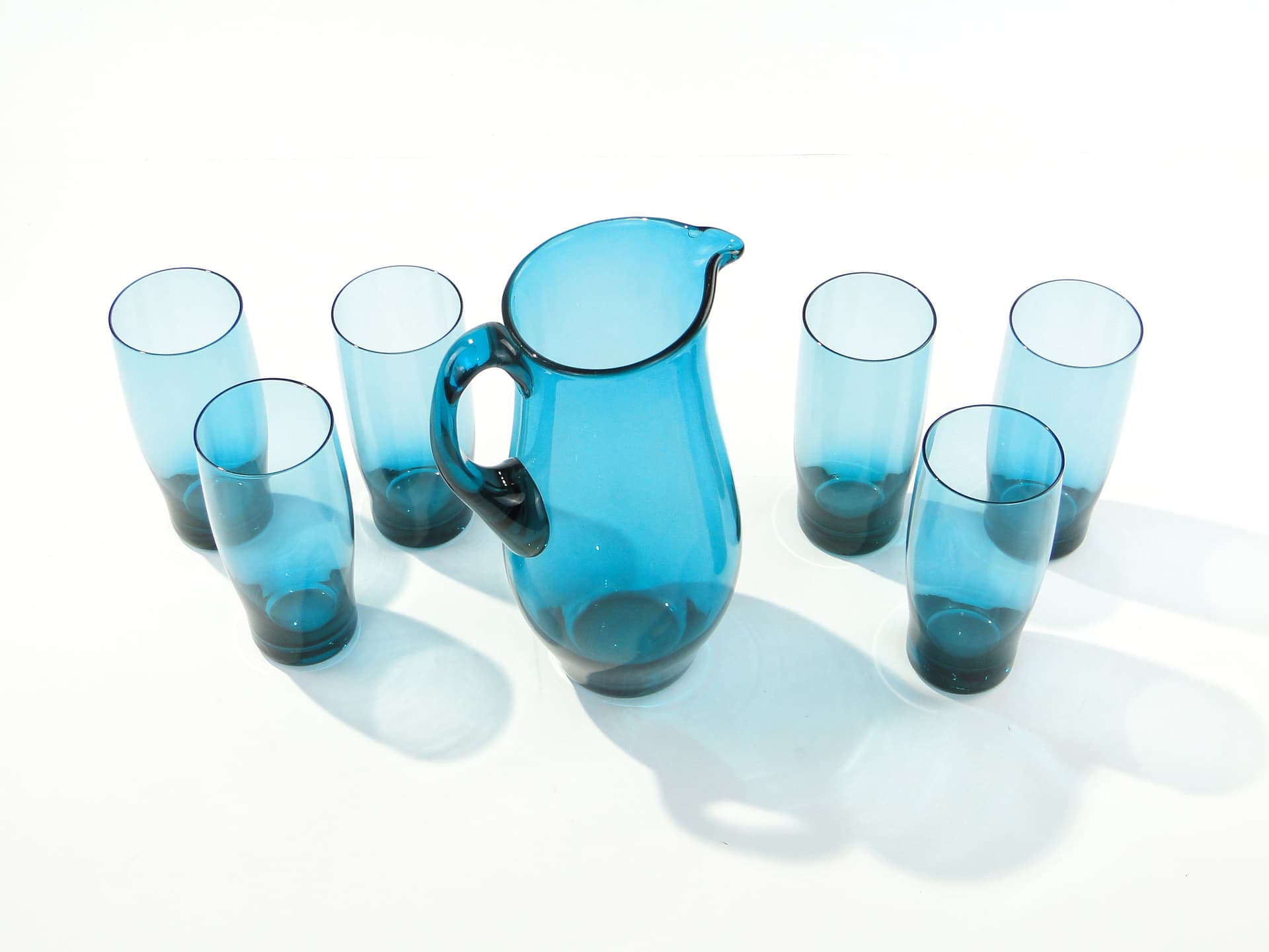 Drinkware set, azure, glass, by S. Sarnacki, Krośnieńskie Huty Szkła, Poland, 1970s. - 346513