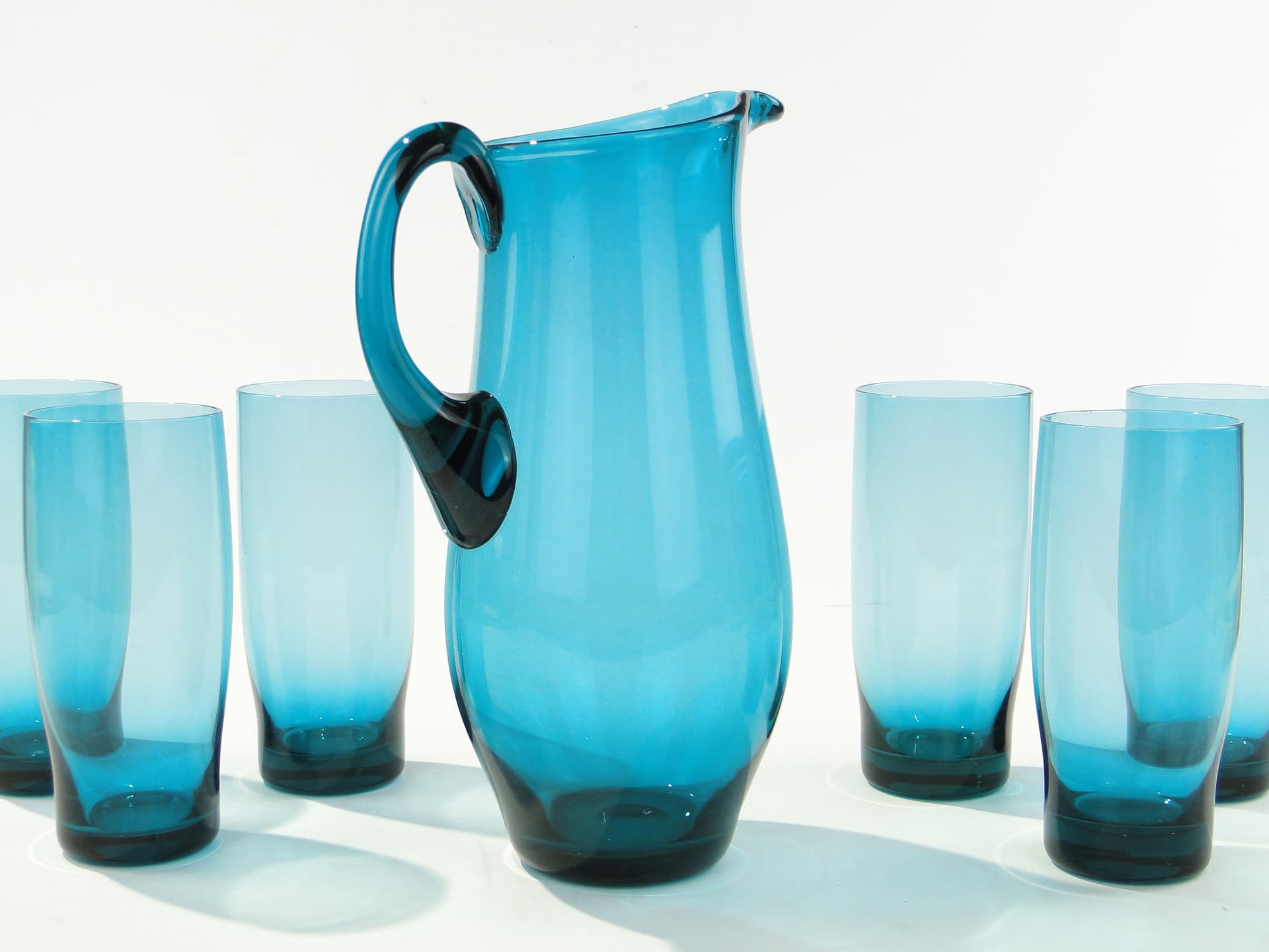 Drinkware set, azure, glass, by S. Sarnacki, Krośnieńskie Huty Szkła, Poland, 1970s. - 346508