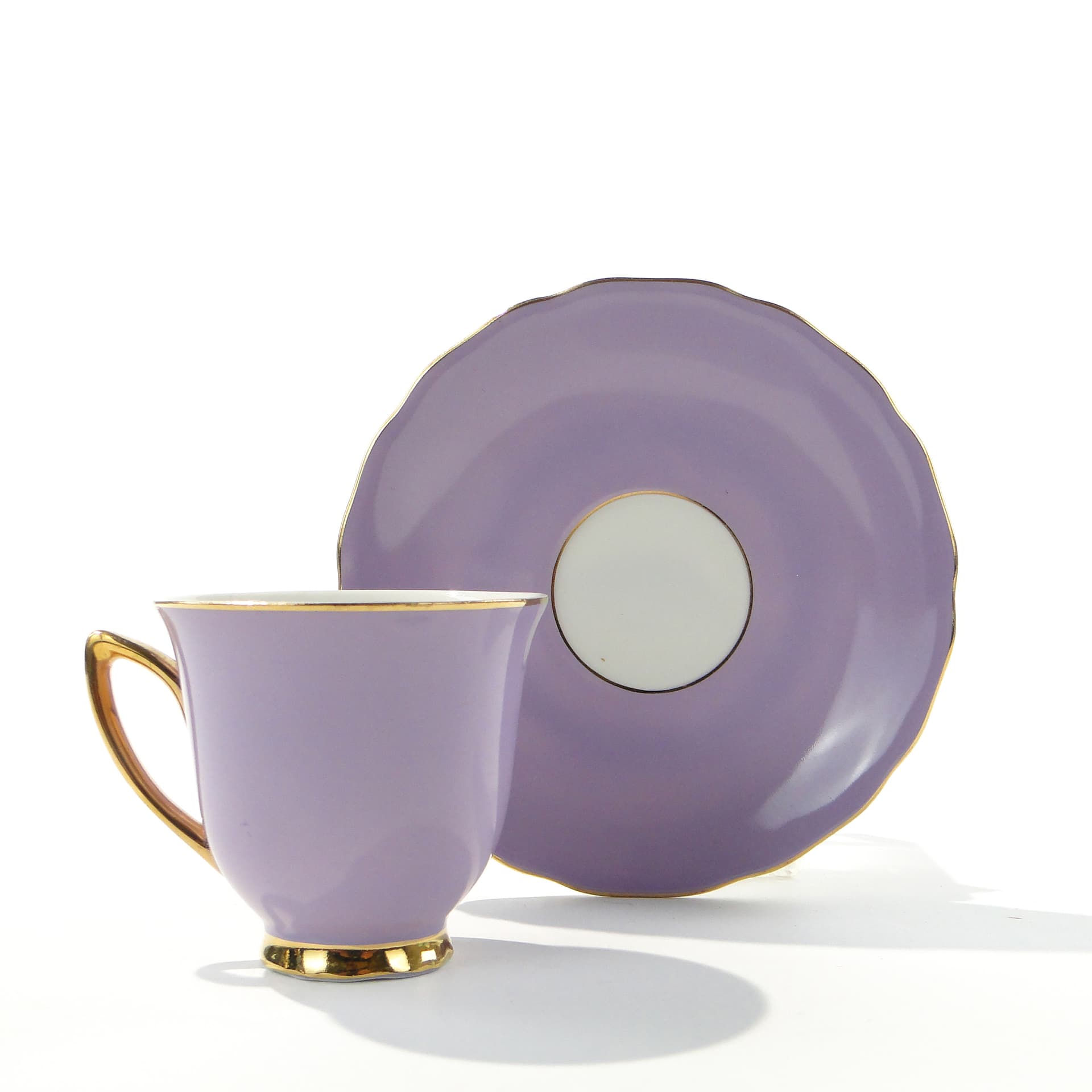 Coffee cup, white purple porcelain, gold, Rudolf Kämpf, Czechoslovakia, 1950s. - 346553