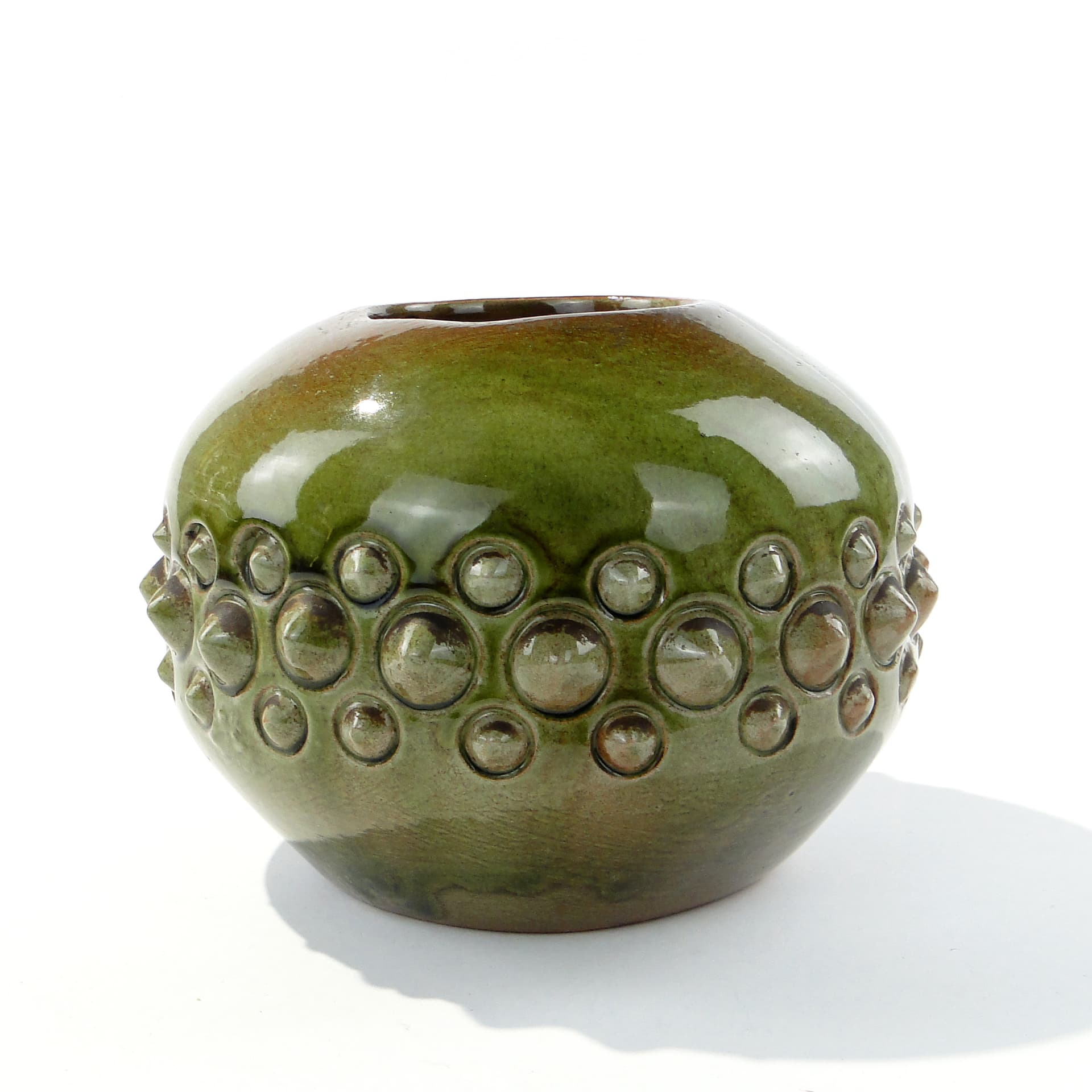 Vase Dinozaur, green brown, ceramics, by J. Sacha, Poland, 1970s