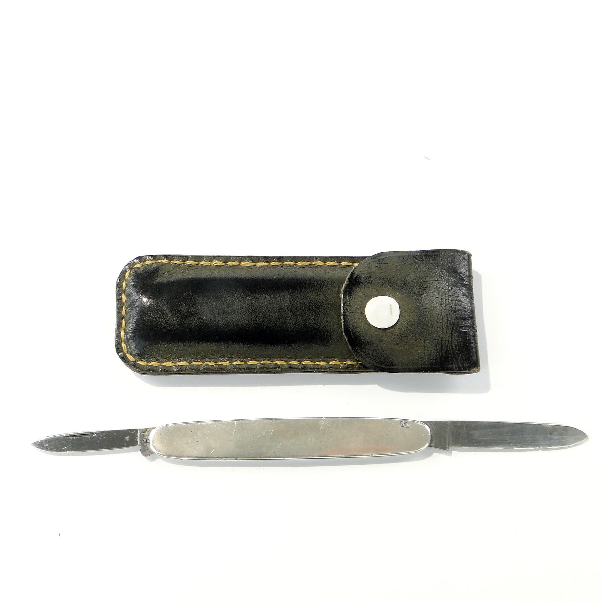 Pocket knife, silver, steel, black leather, United Kingdom, 1960s. - 346755