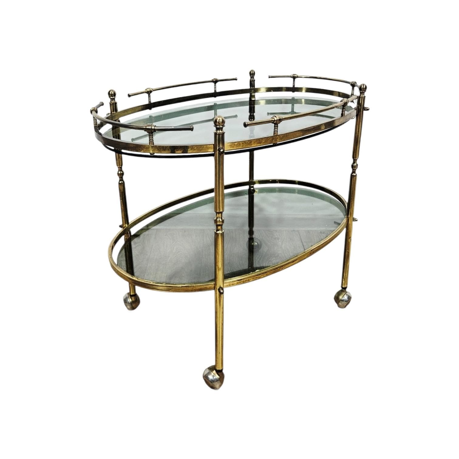 Bar cart, the 60s, brass gold, glass transparent, France