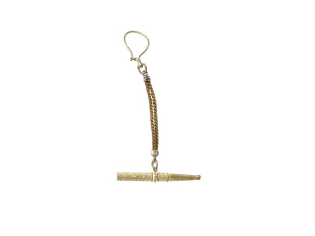 Pocket watch key with fob, gilt brass, human hair, Europe, 19th century - DIMENSION