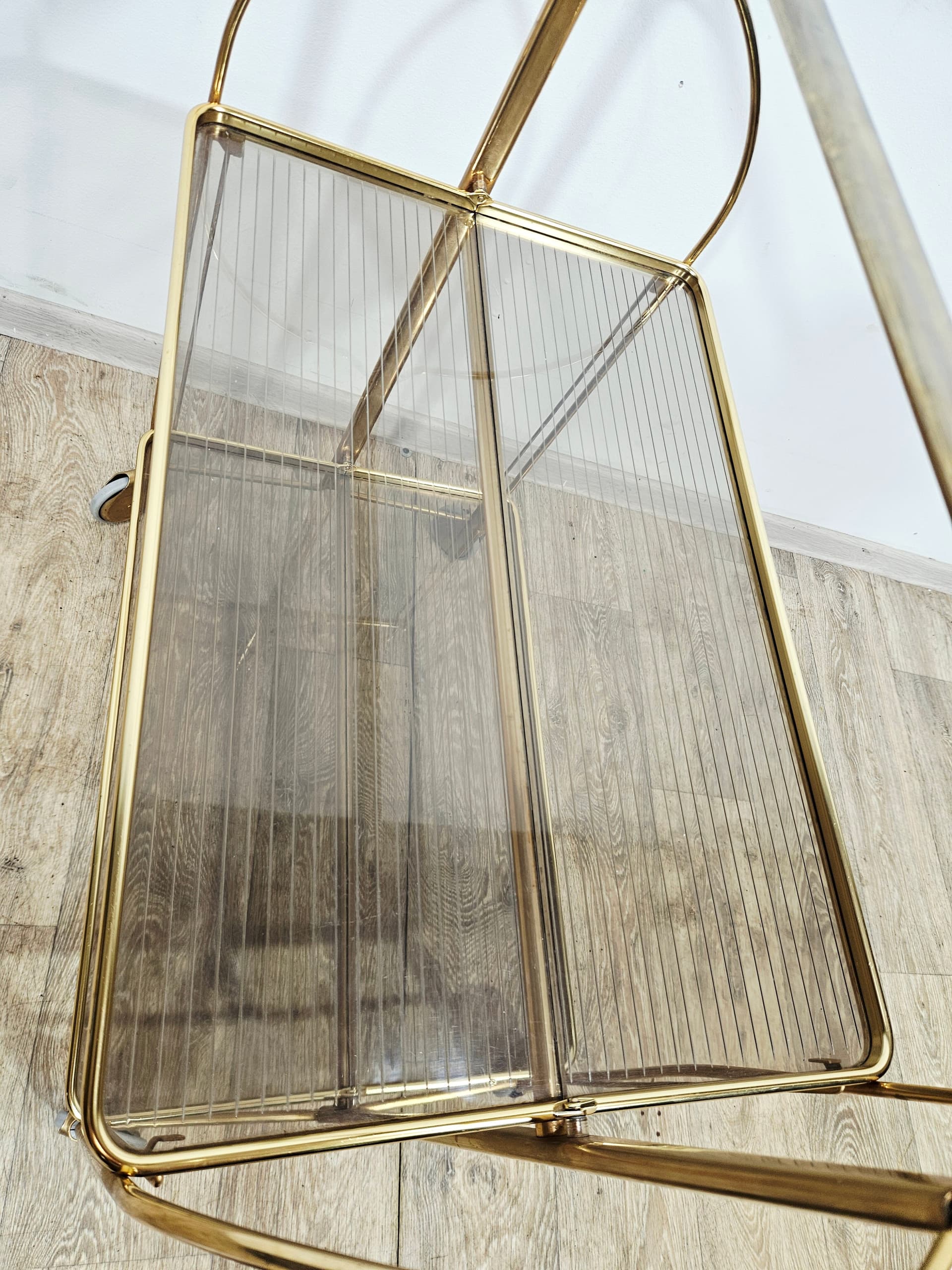 Folding bar cart Mid-Century, brass gold, ribbed transparent plexiglass, vintage - 346841