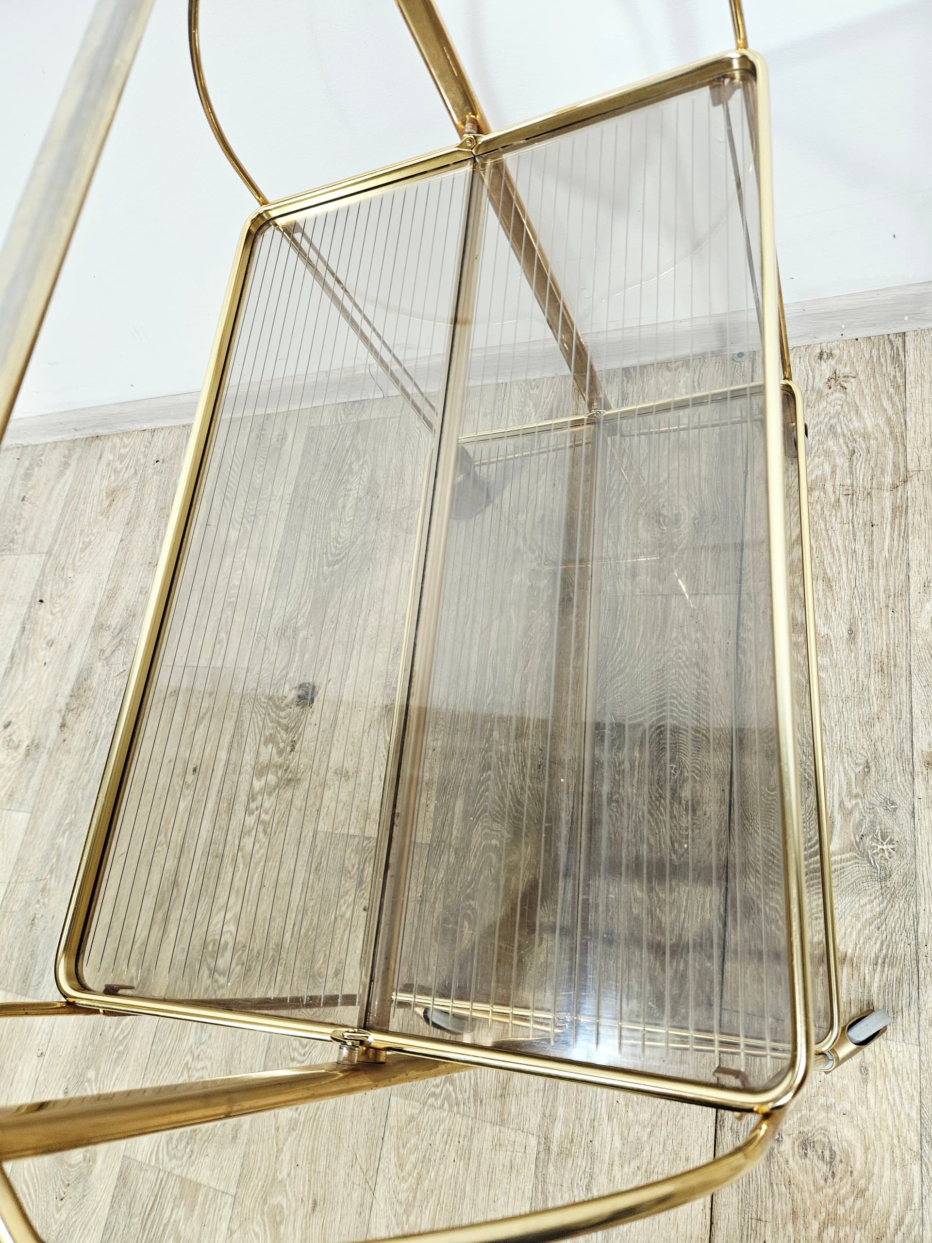 Folding bar cart Mid-Century, brass gold, ribbed transparent plexiglass, vintage - 346843