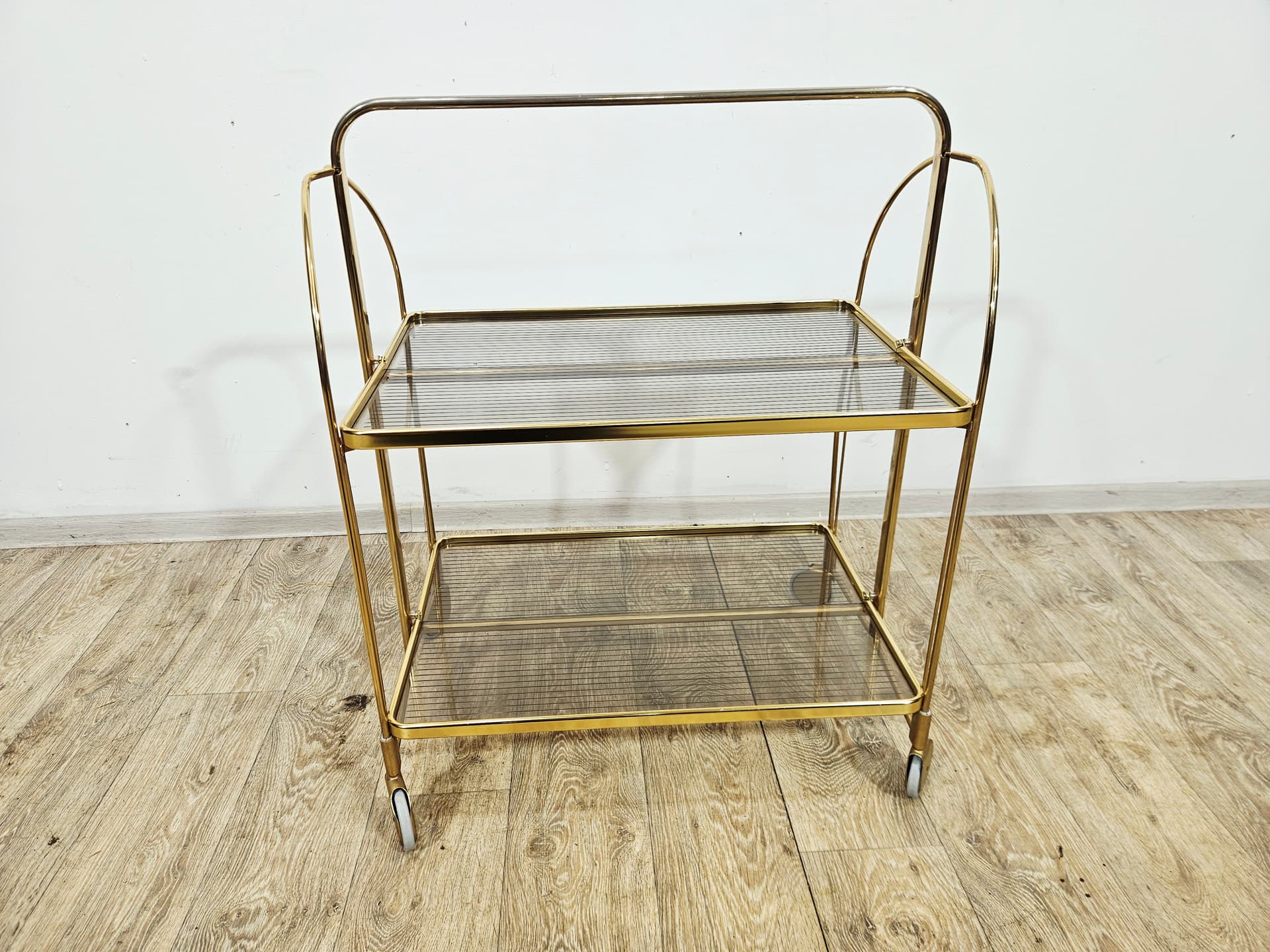 Folding bar cart Mid-Century, brass gold, ribbed transparent plexiglass, vintage - 346834