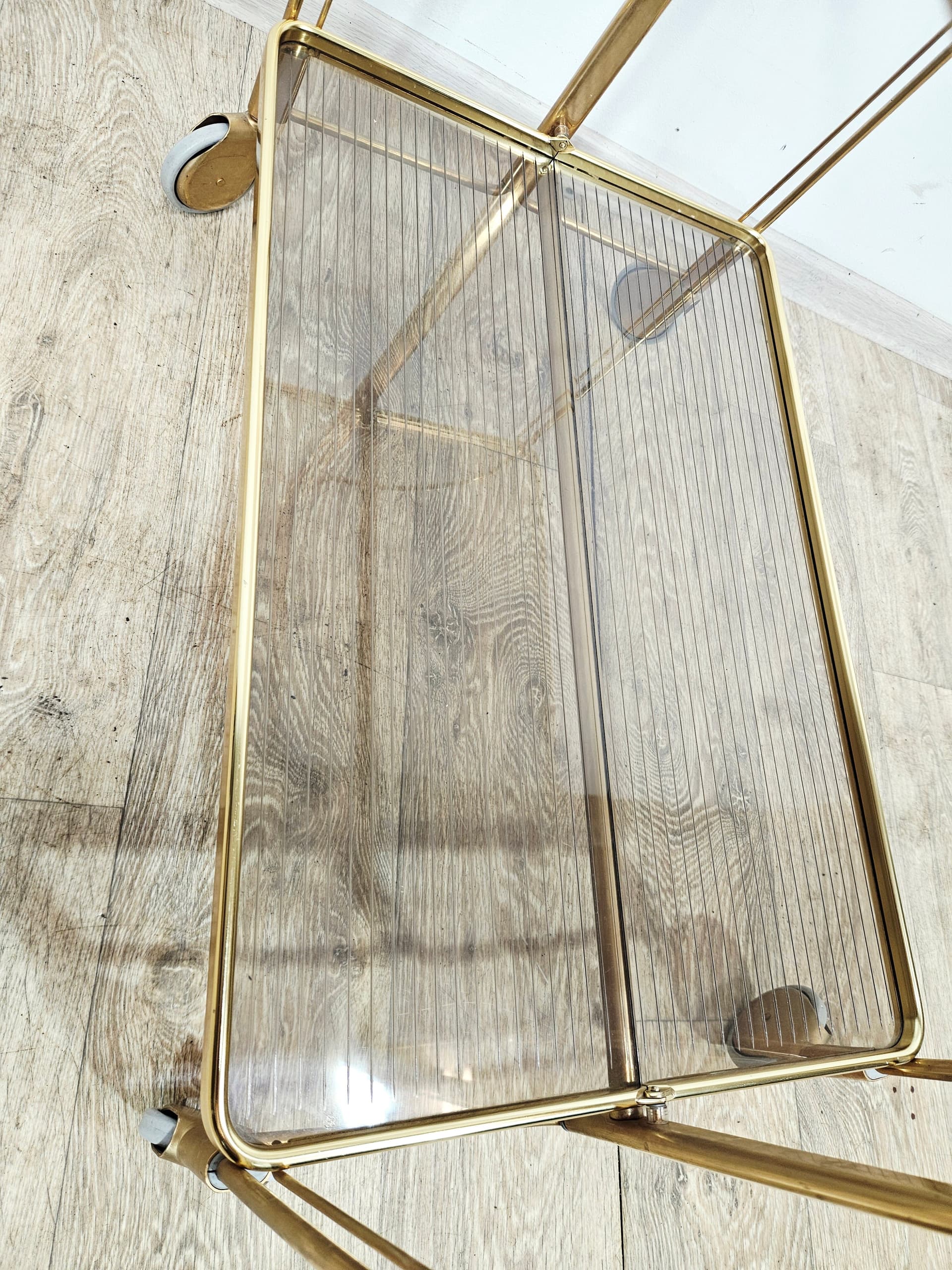 Folding bar cart Mid-Century, brass gold, ribbed transparent plexiglass, vintage - 346842
