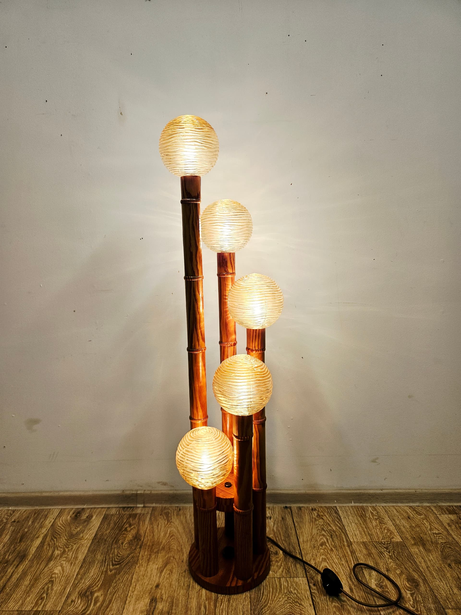 Floor lamp, Mid-Century Modern, wood brown, glass yellow - 346898
