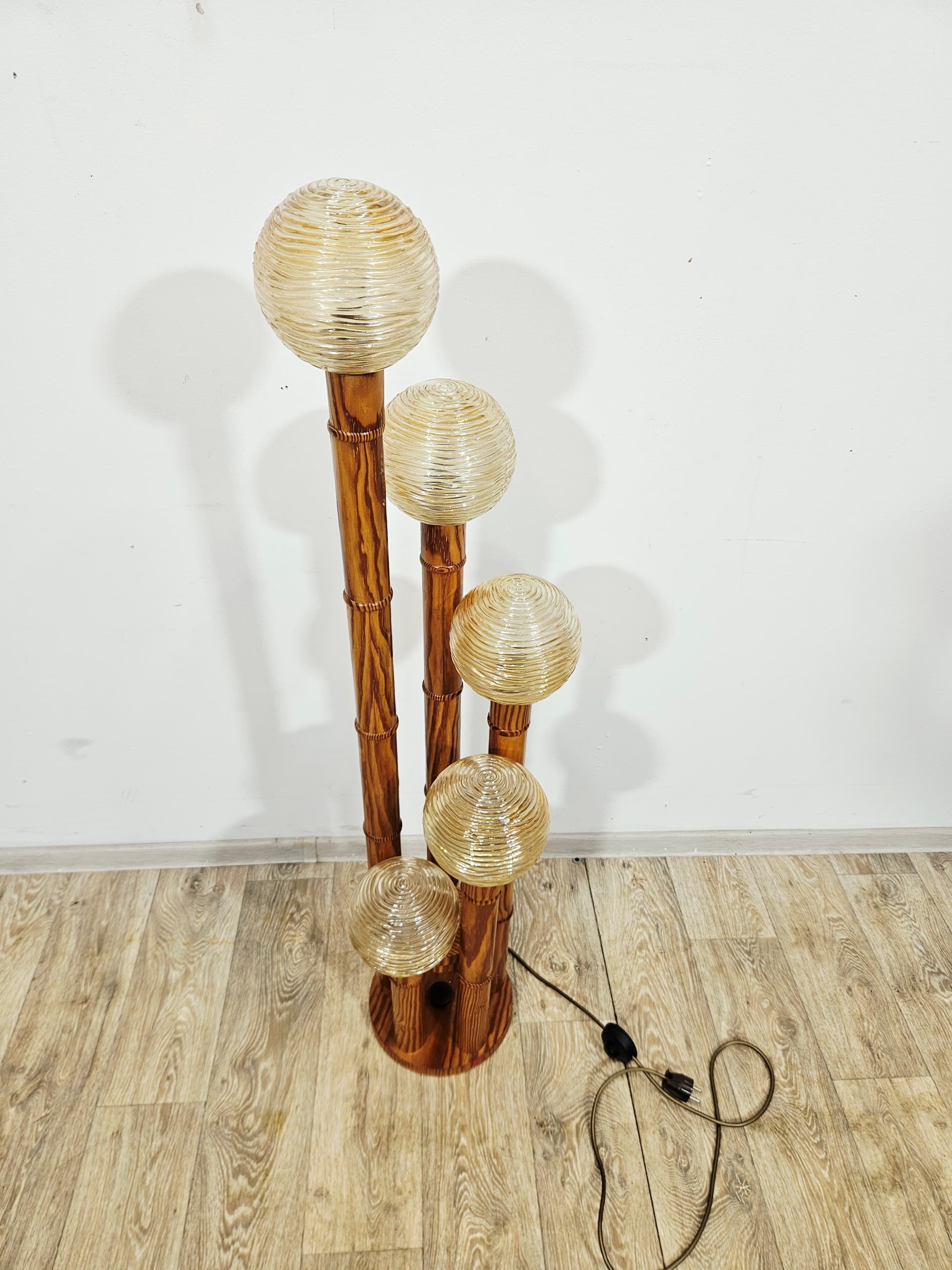 Floor lamp, Mid-Century Modern, wood brown, glass yellow - 346888