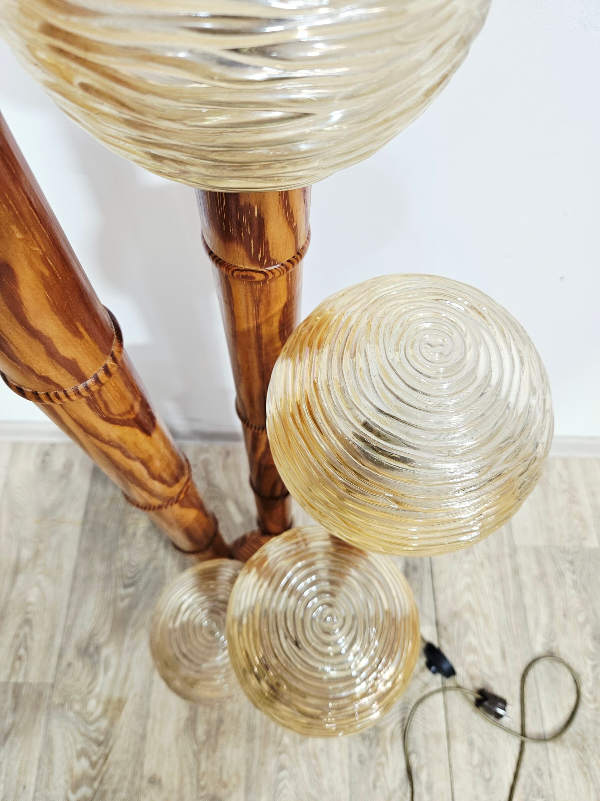 Floor lamp, Mid-Century Modern, wood brown, glass yellow - 346895