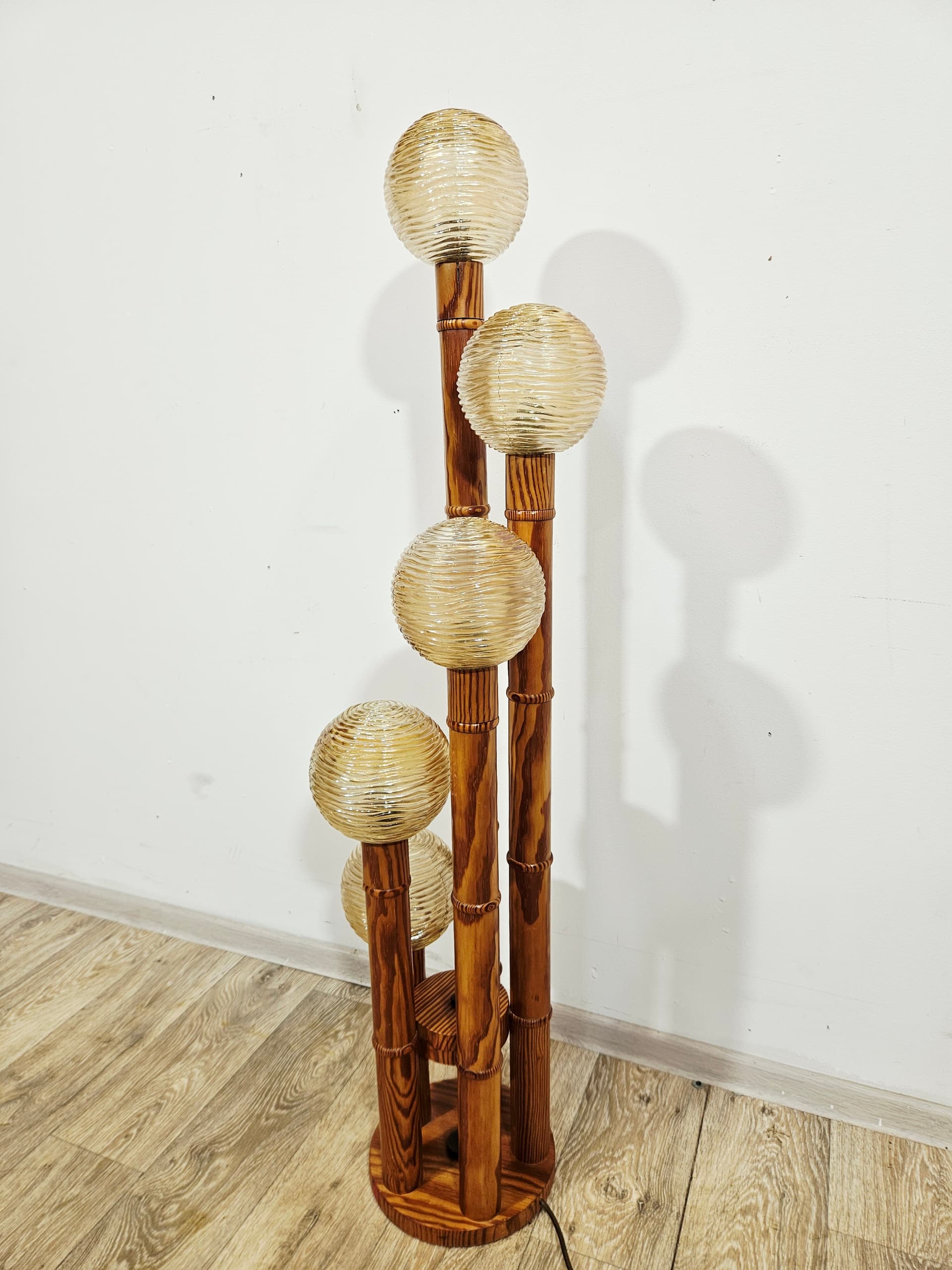 Floor lamp, Mid-Century Modern, wood brown, glass yellow - 346897