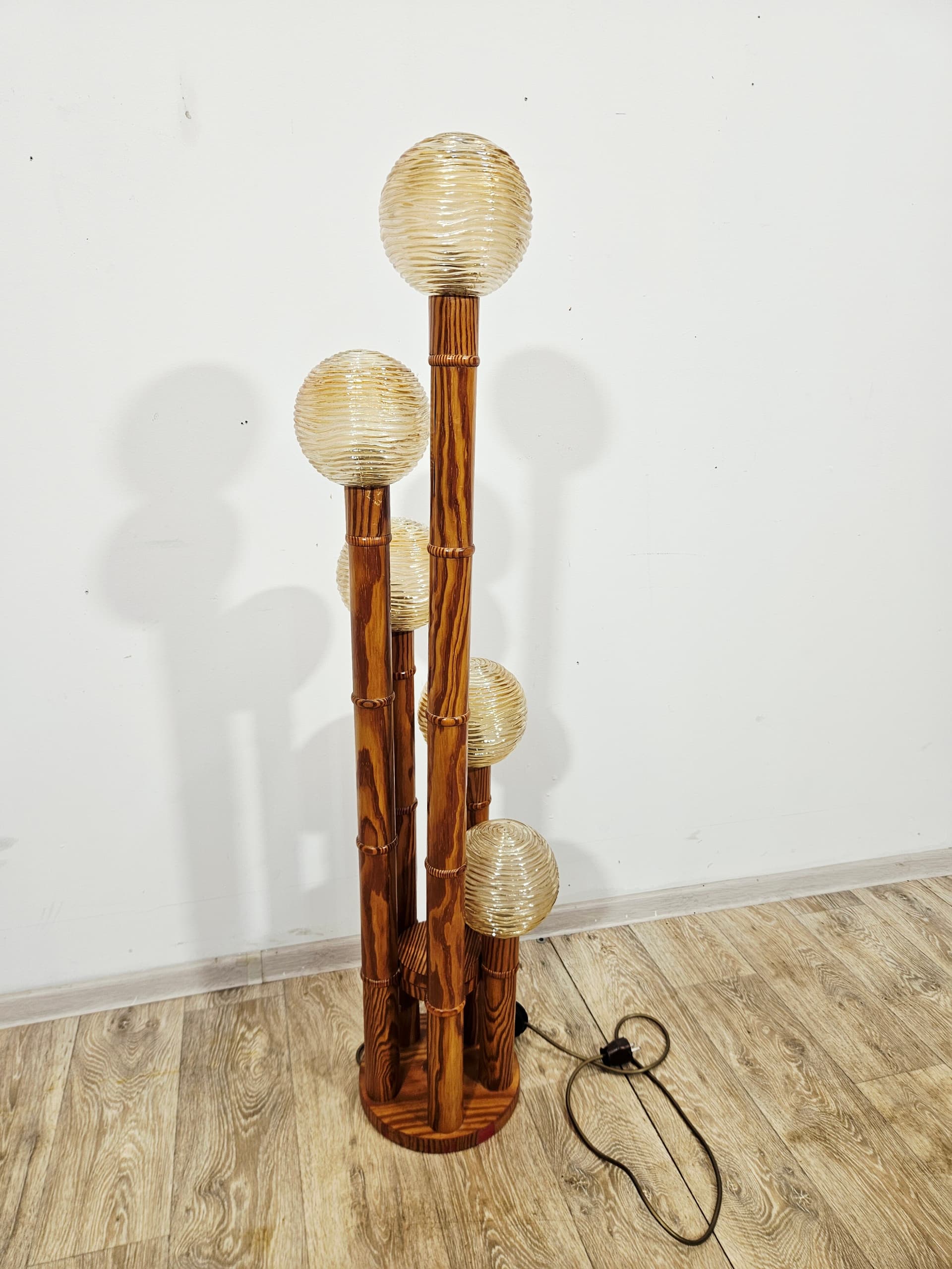 Floor lamp, Mid-Century Modern, wood brown, glass yellow - 346896