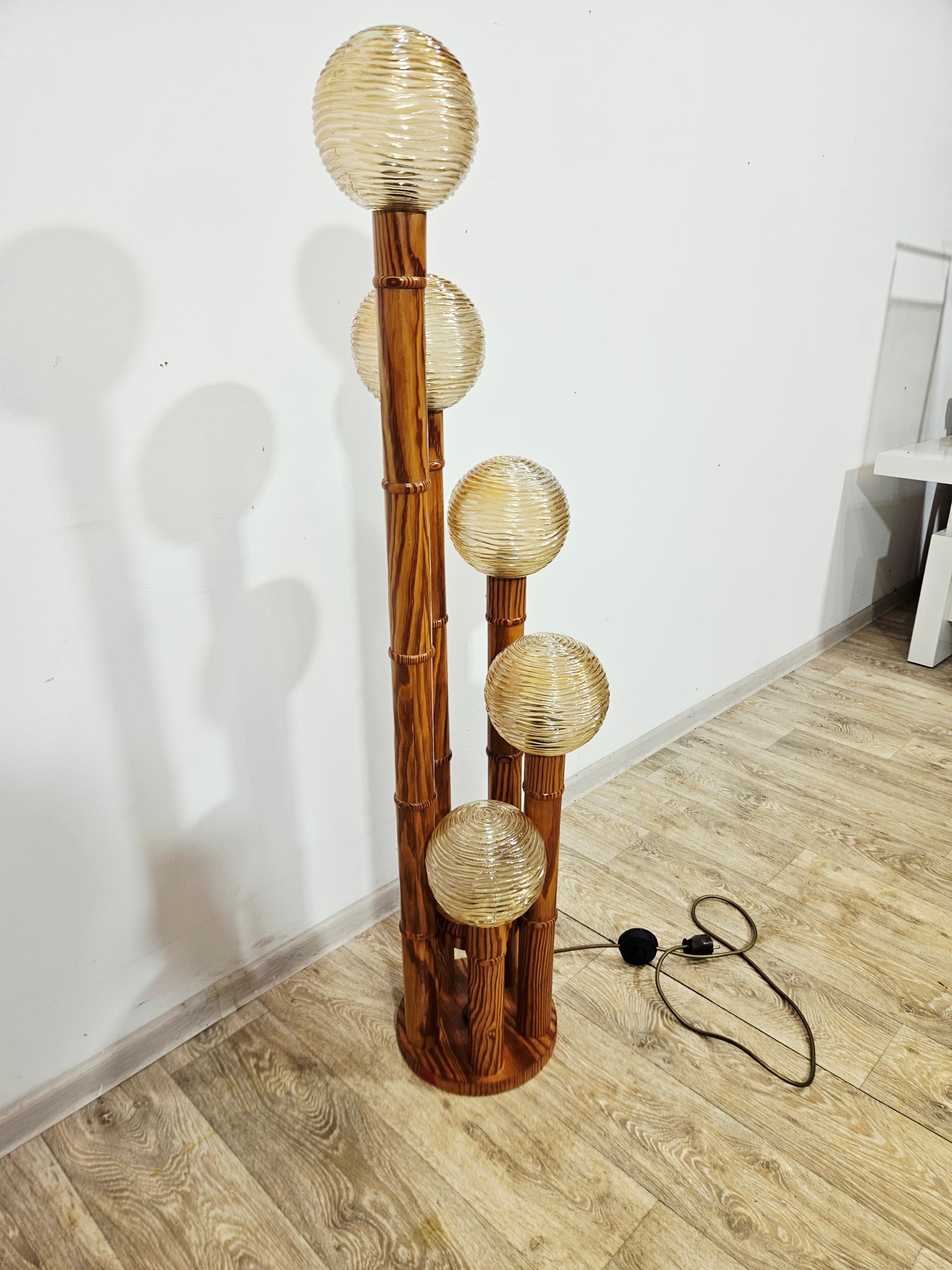 Floor lamp, Mid-Century Modern, wood brown, glass yellow - 346890