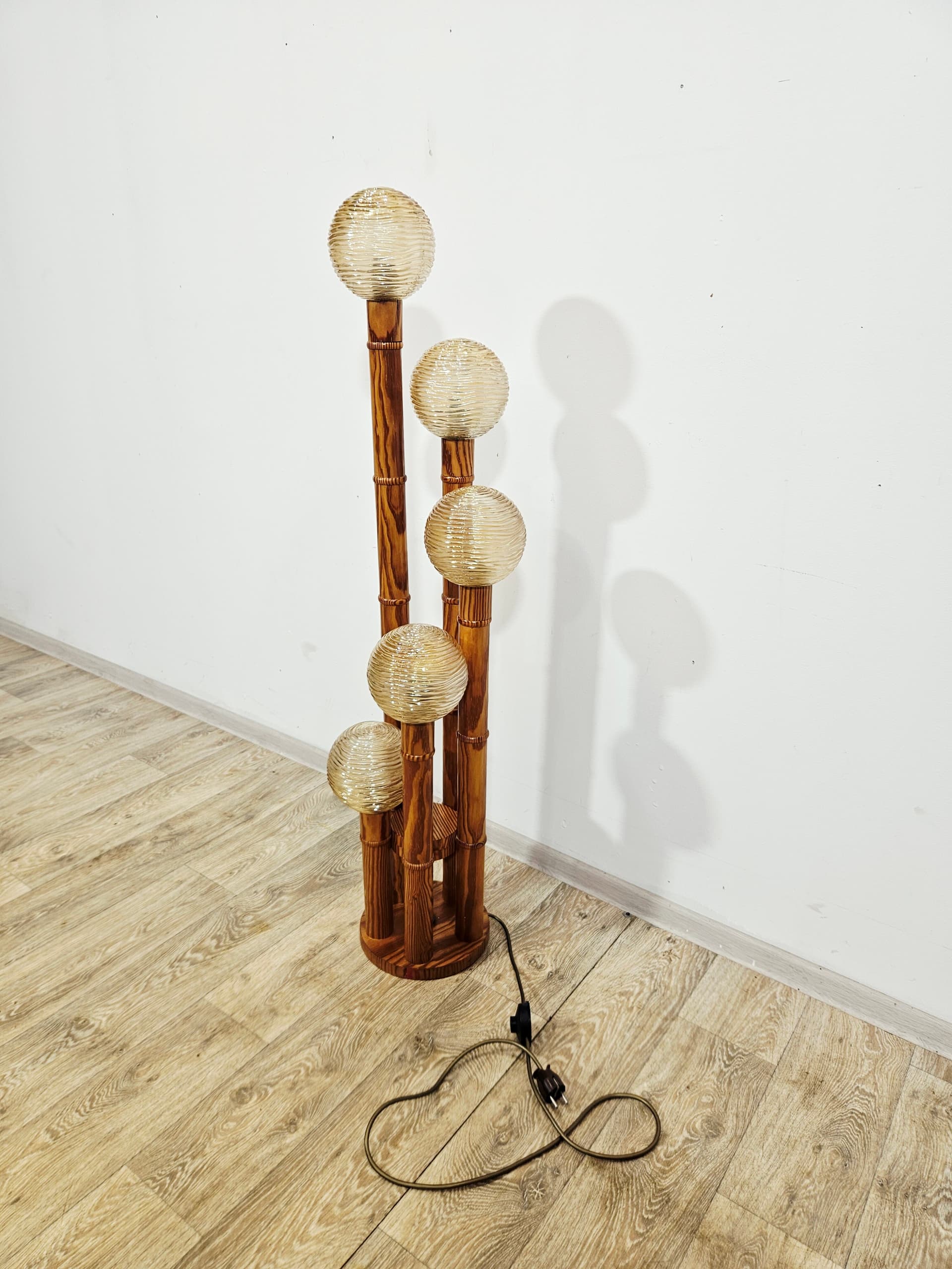 Floor lamp, Mid-Century Modern, wood brown, glass yellow - 346889