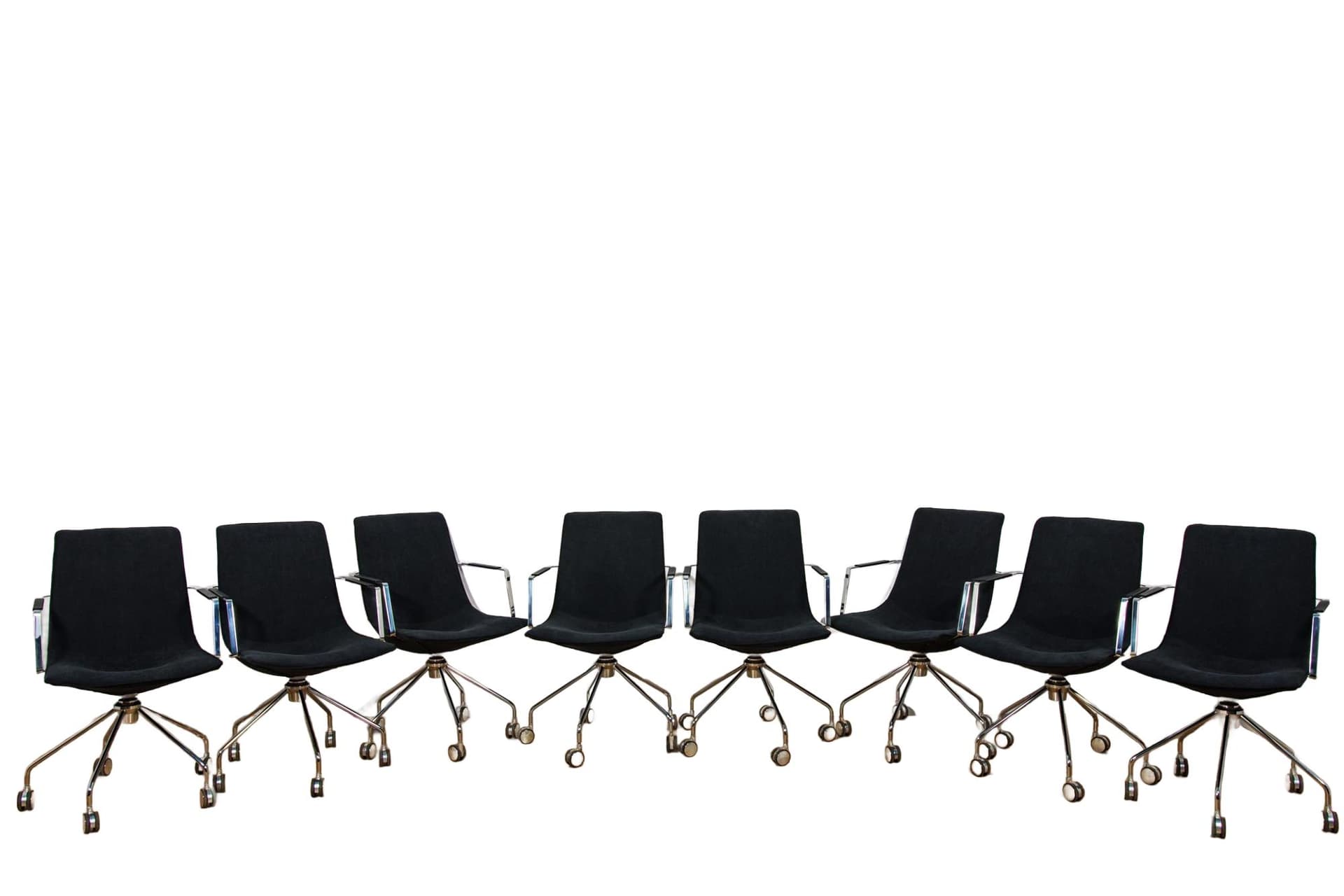 Set of eight conference chairs Comet, black synthetic fabric, silver aluminum, by G. Allard, Lammhults, Sweden, 1990s.