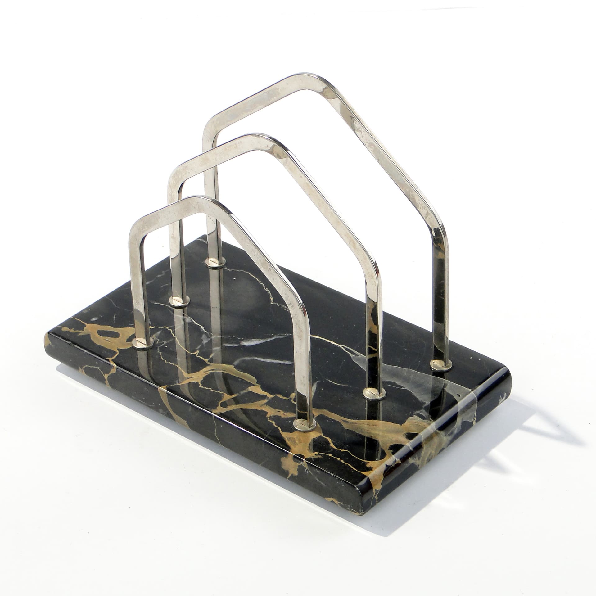 Letter Holder Art Deco, black yellow marble, silver chromed brass, 1920s - 347209