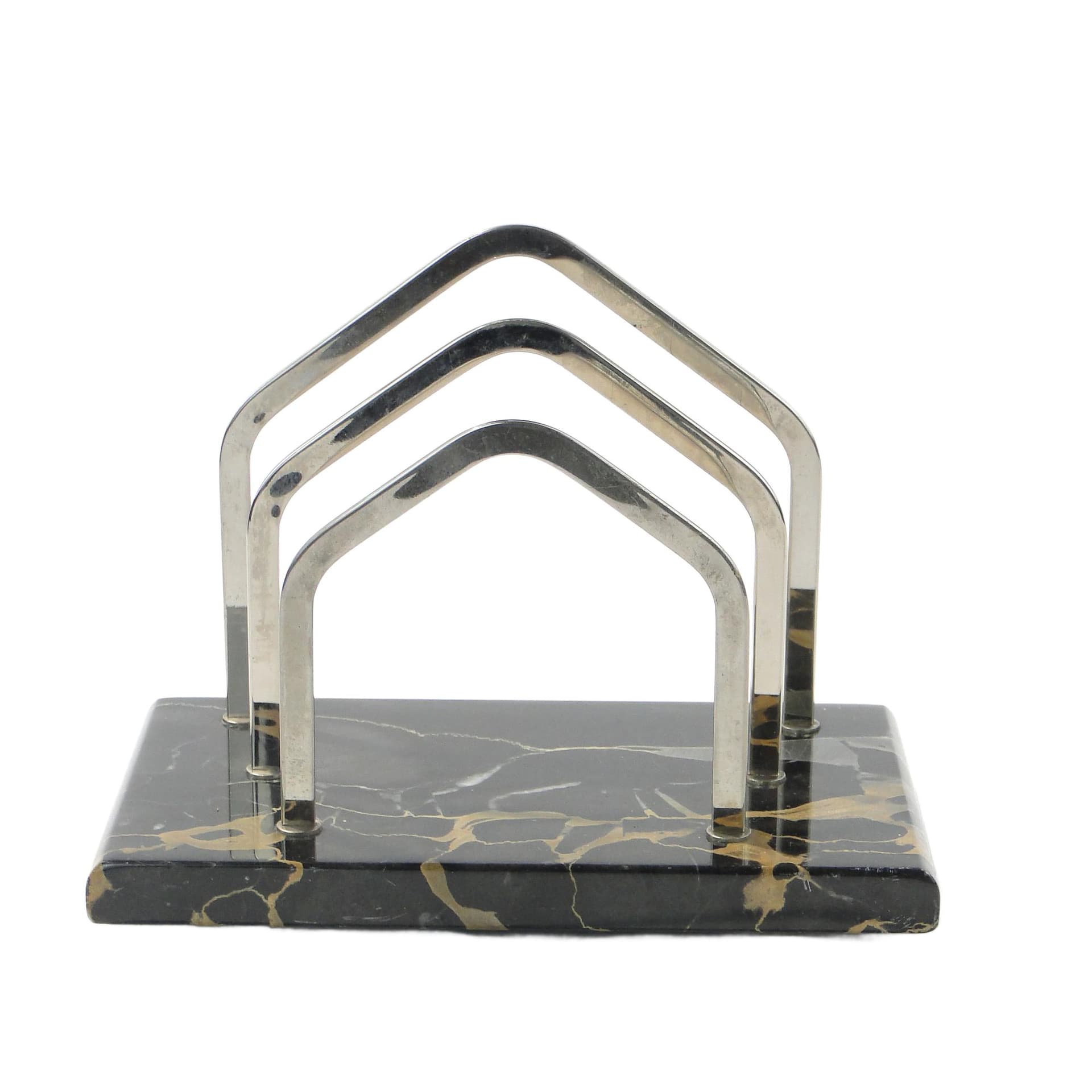 Letter Holder Art Deco, black yellow marble, silver chromed brass, 1920s