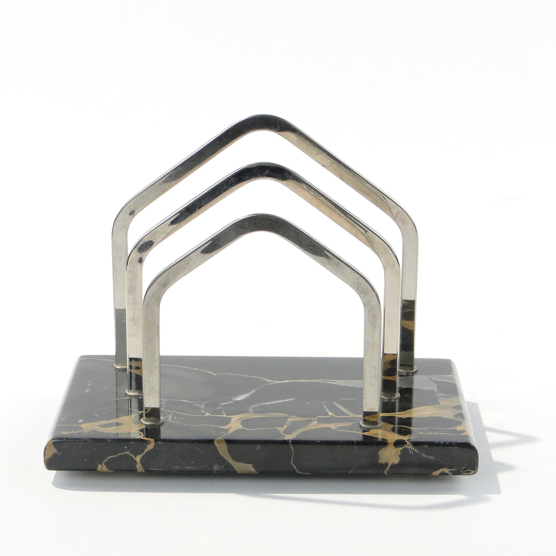 Letter Holder Art Deco, black yellow marble, silver chromed brass, 1920s - 347210