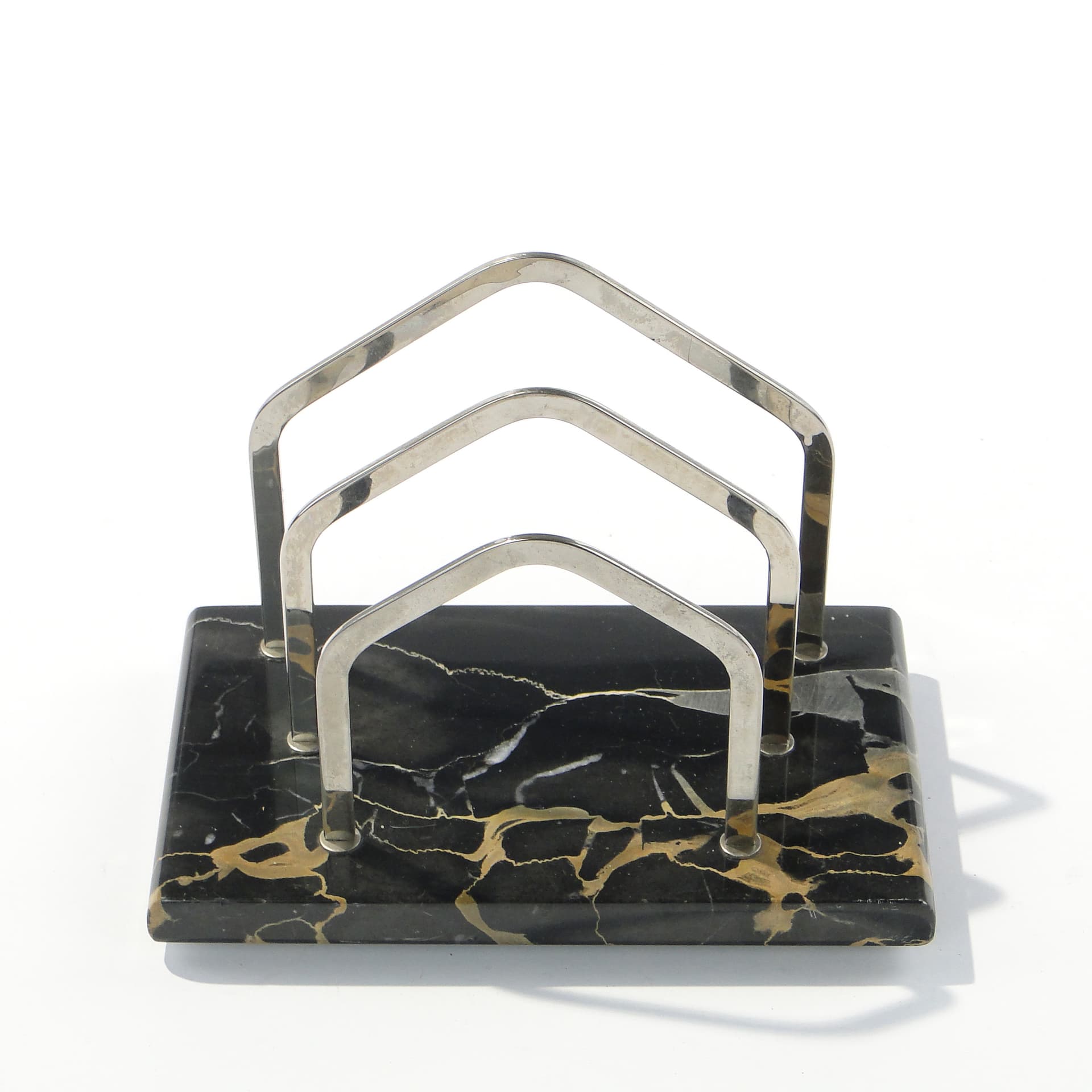 Letter Holder Art Deco, black yellow marble, silver chromed brass, 1920s - 347211