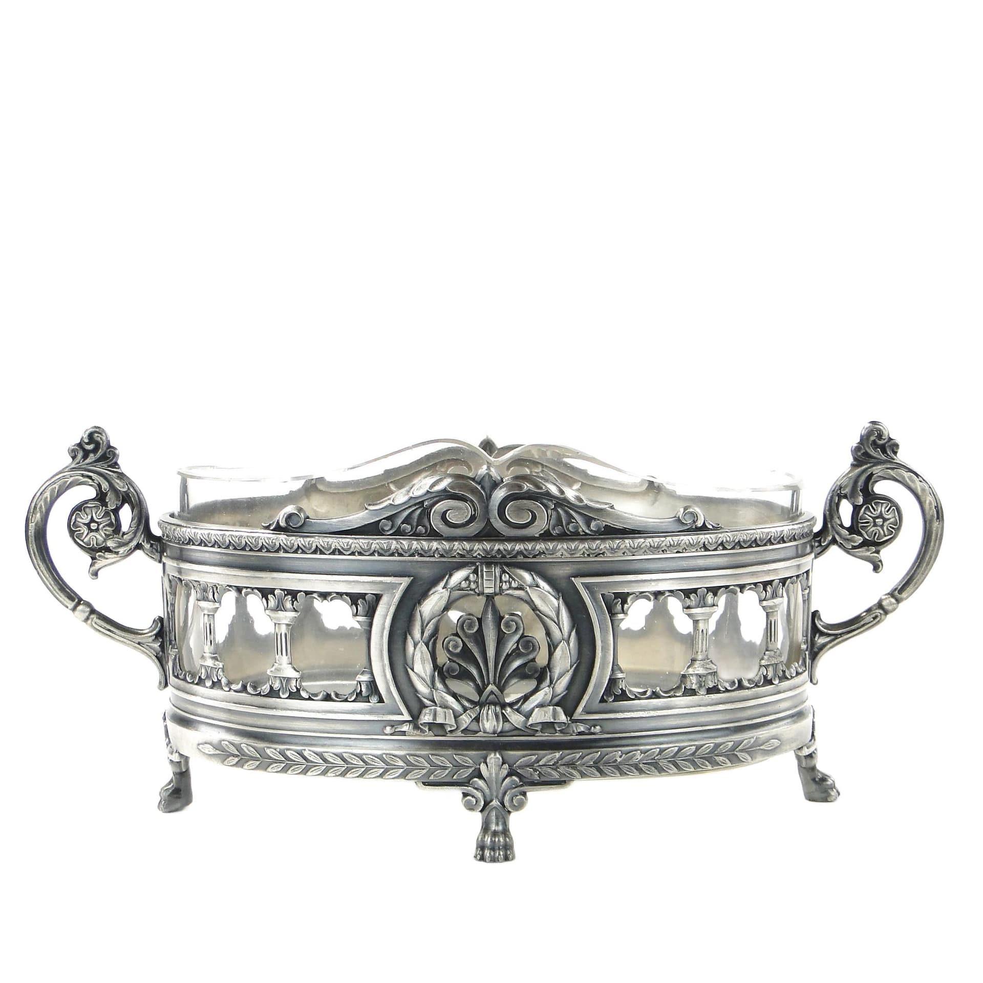 Jardinière, historicist, silver, silver-plated pewter, crystal, Towarzystwo Verit, Poland, early 20th c.