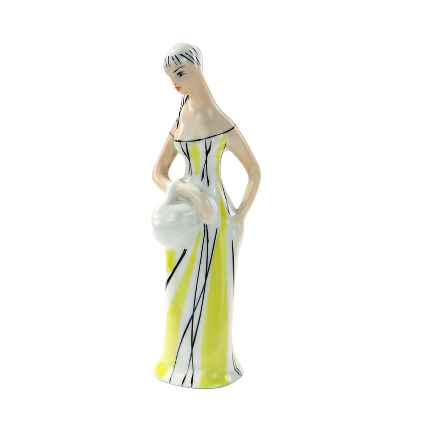 Figurine Girl with Basket, white yellow, porcelain, by Z. Śliwowska, Poland, 1950s
