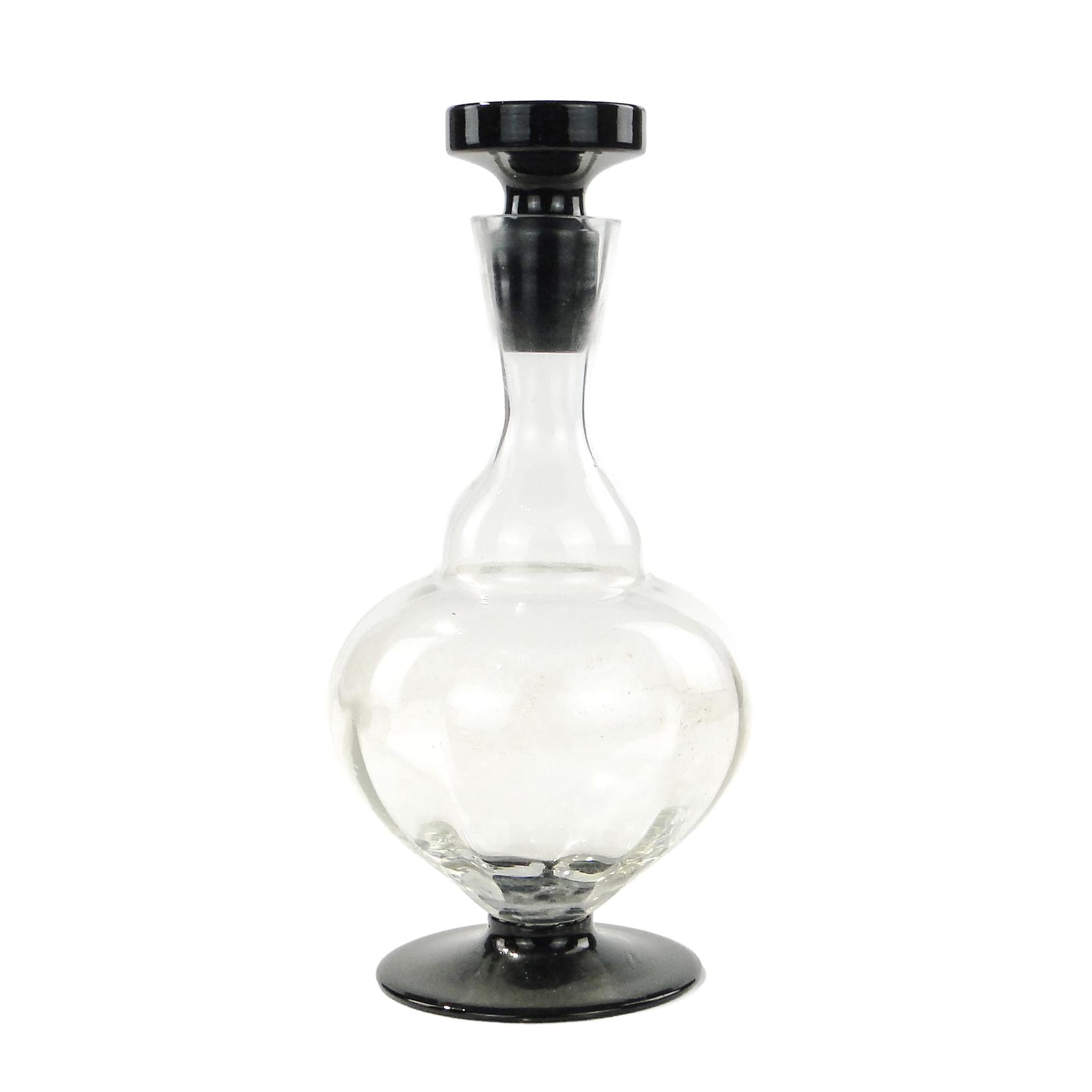 Decanter Art Deco, clear glass, black hyalite glass, Hortensja Glassworks, Poland, 1930s