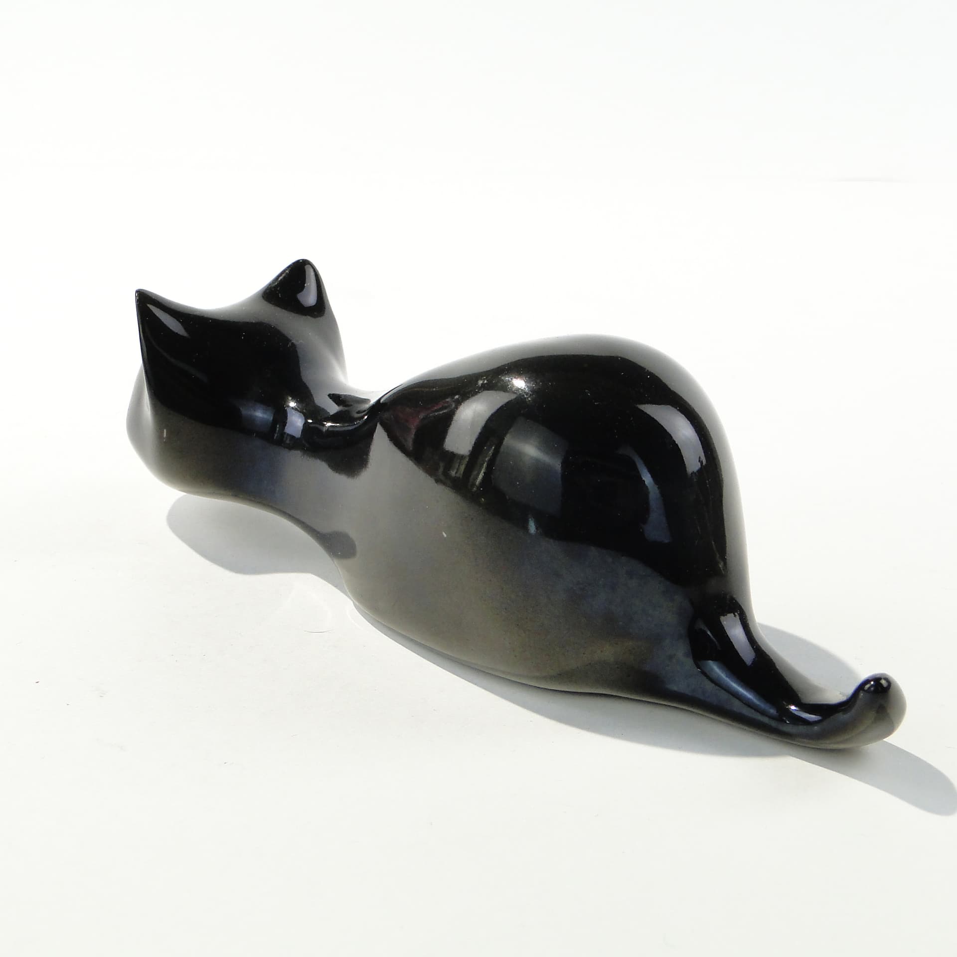Figurine Crouching Cat, black, porcelain, Chodzież, Poland, 1960s - 347281