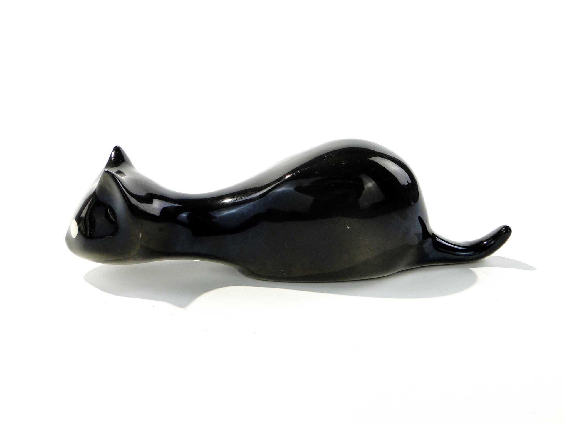 Figurine Crouching Cat, black, porcelain, Chodzież, Poland, 1960s - 347286