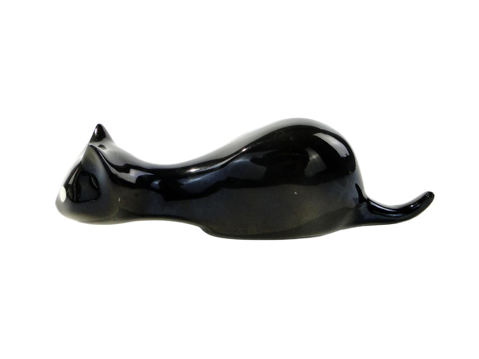 Figurine Crouching Cat, black, porcelain, Chodzież, Poland, 1960s