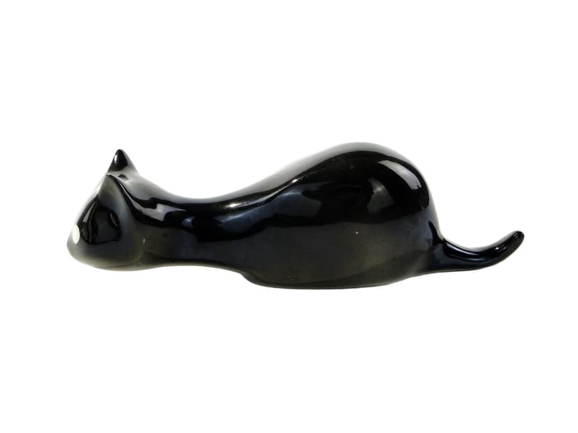 Figurine Crouching Cat, black, porcelain, Chodzież, Poland, 1960s