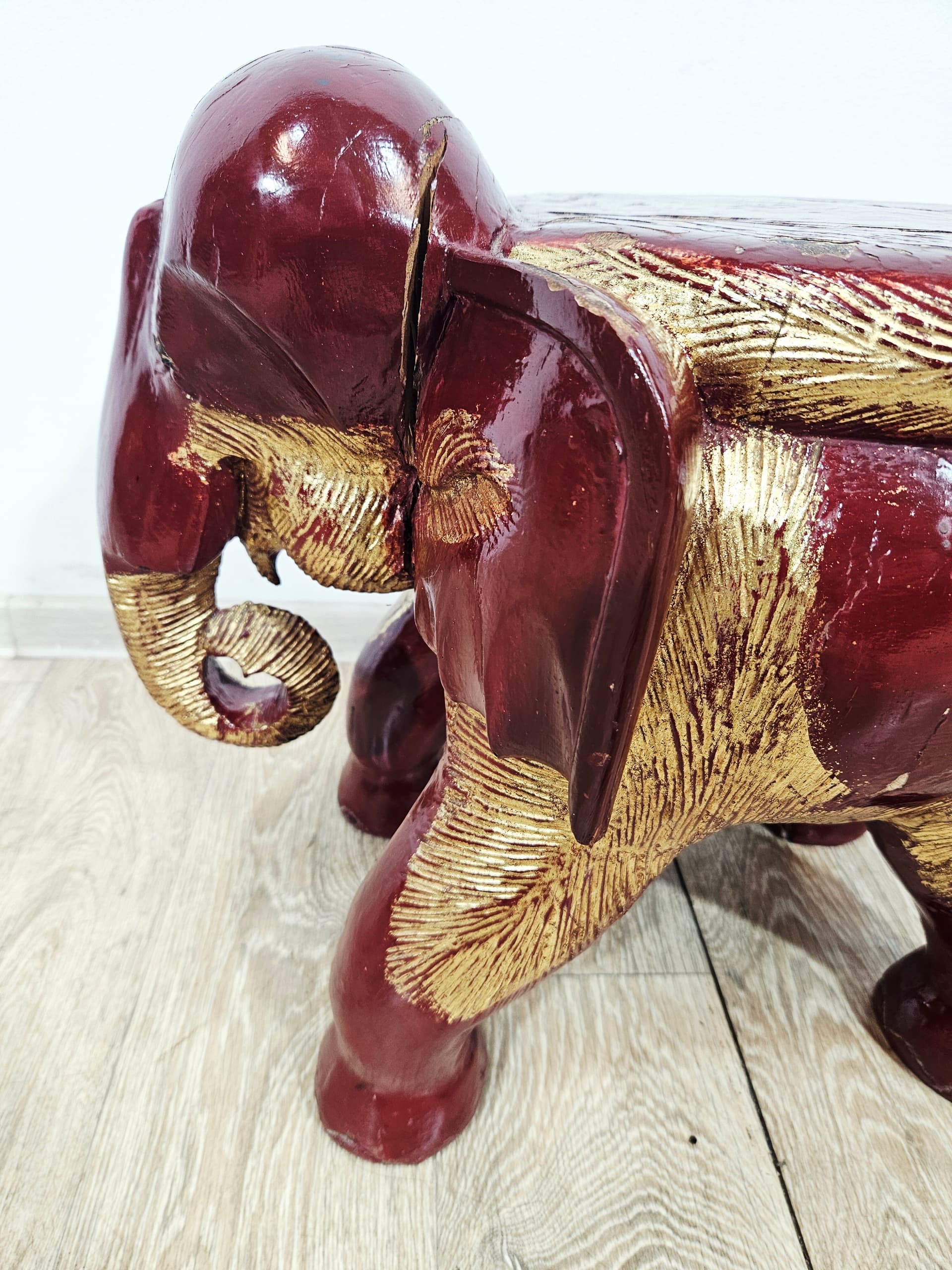 Side stool Elephant XL, burgundy gold, wood, unique 19th century - 347386