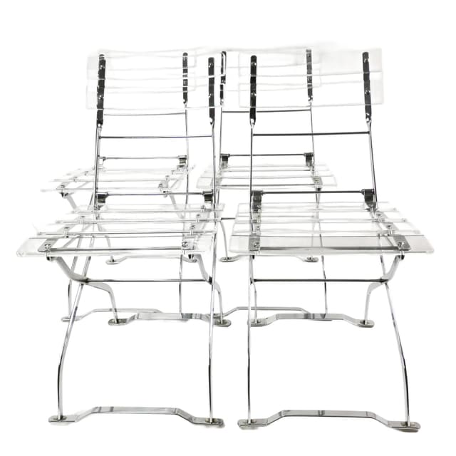 Set of four folding chairs, transparent plexiglass, silver metal, France, 1970s. - DIMENSION