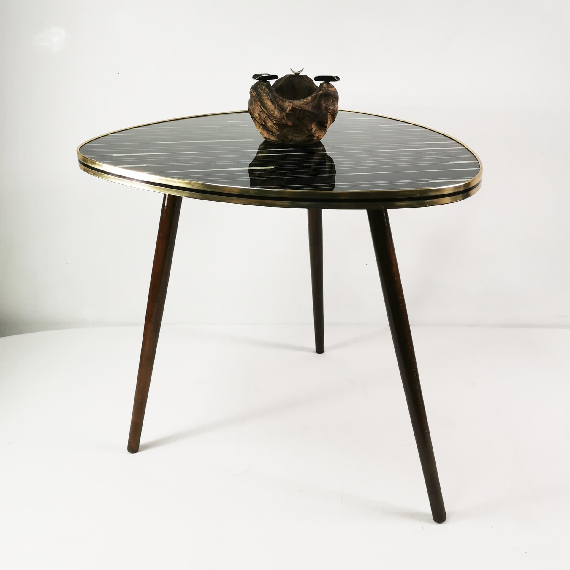 Coffee Table Art Deco, black glass, brown beech, gold brass, Germany, 1960s. - 347533