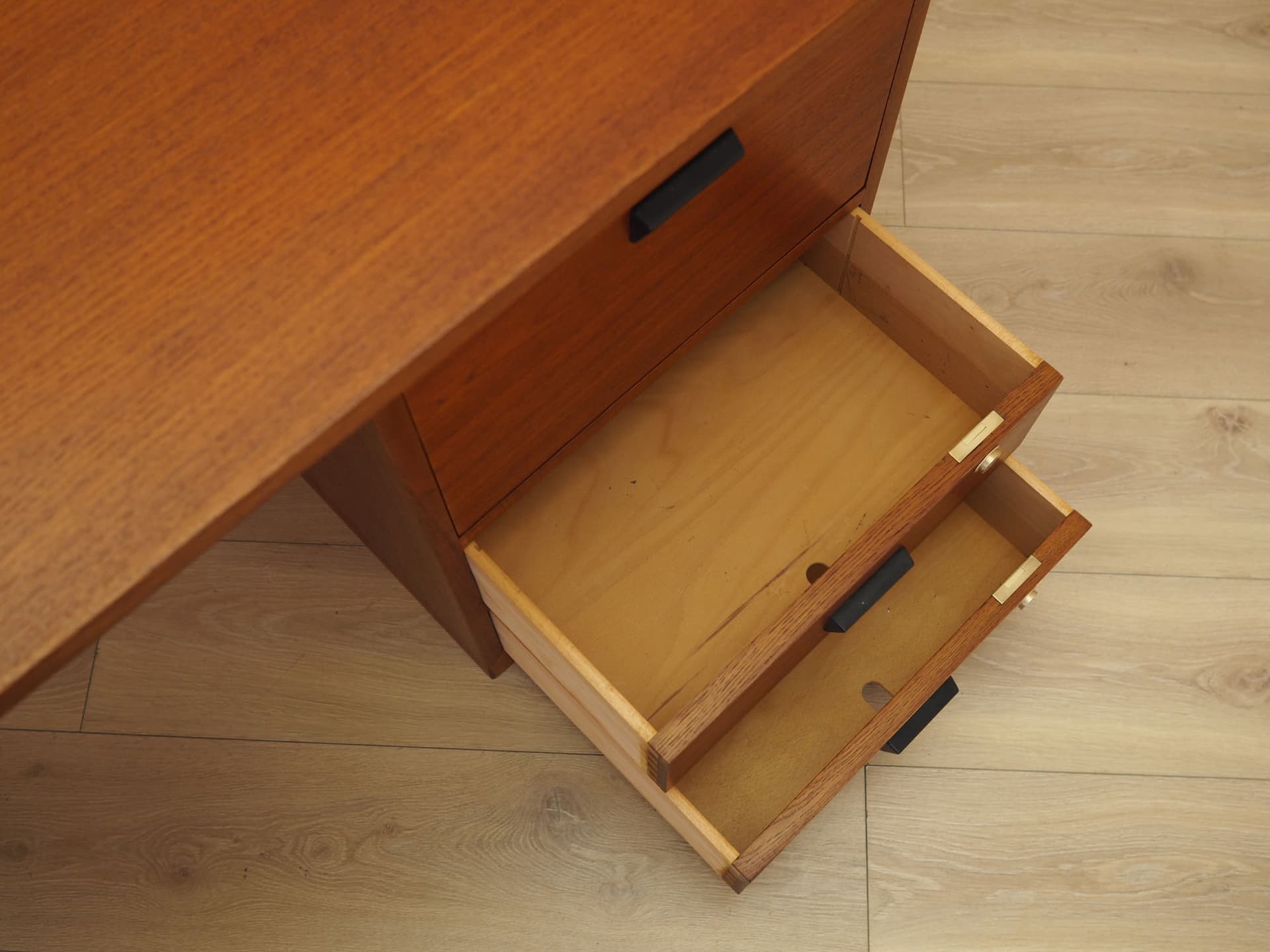 Desk, teak, yellow metal, Bornholm Møbelfabrik, Denmark, 1970s. - 347679