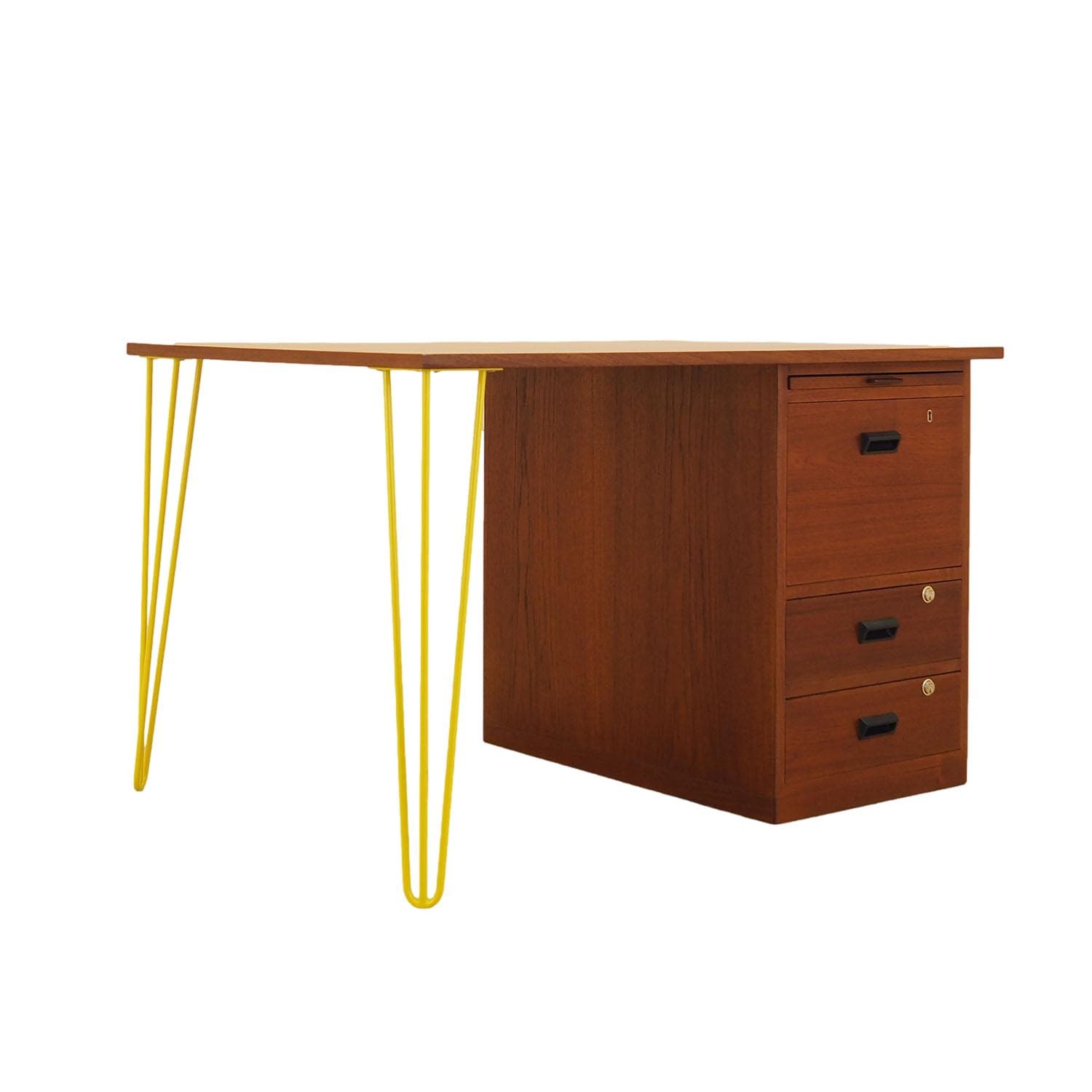 Desk, teak, yellow metal, Bornholm Møbelfabrik, Denmark, 1970s.