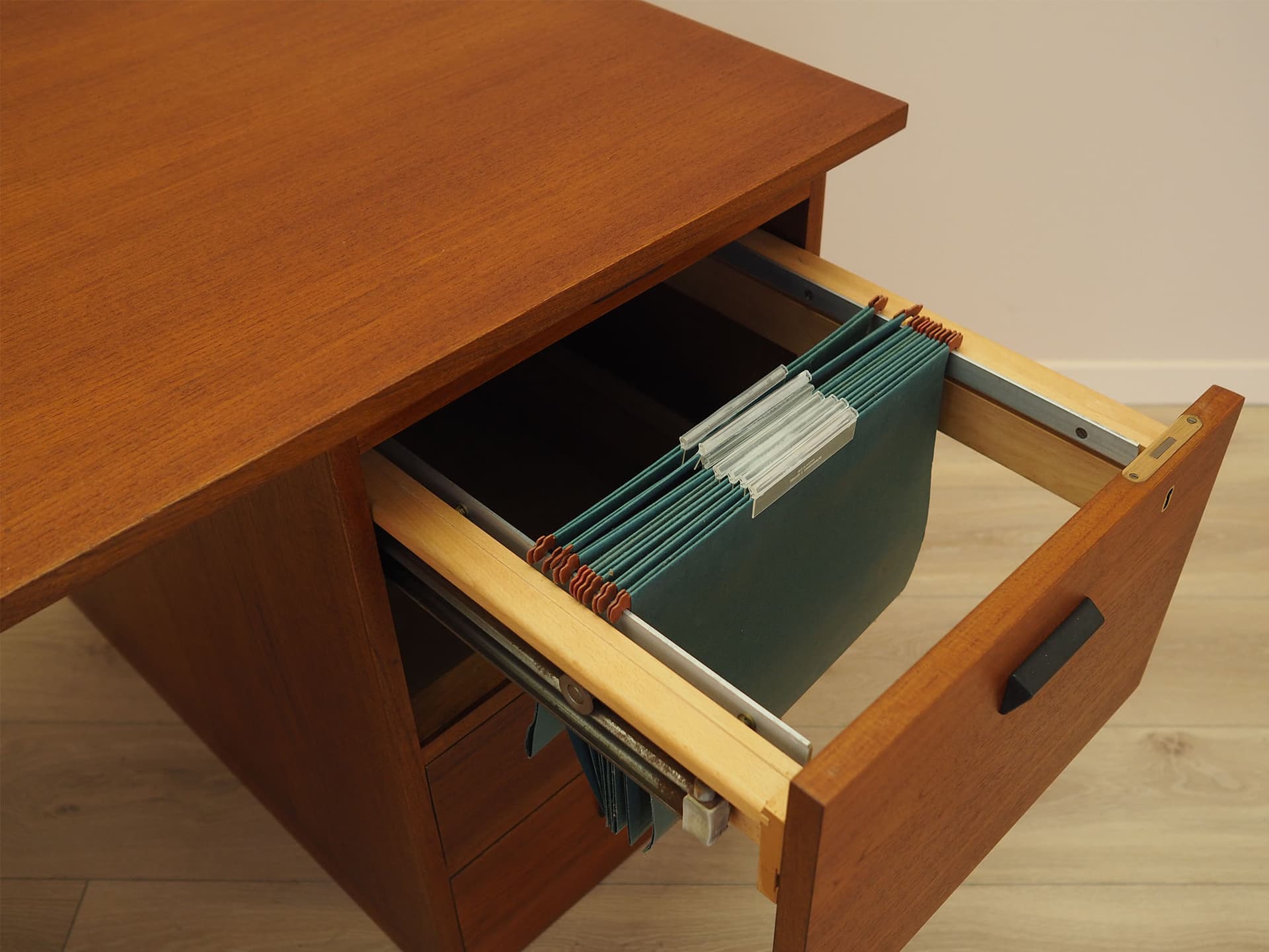 Desk, teak, yellow metal, Bornholm Møbelfabrik, Denmark, 1970s. - 347678