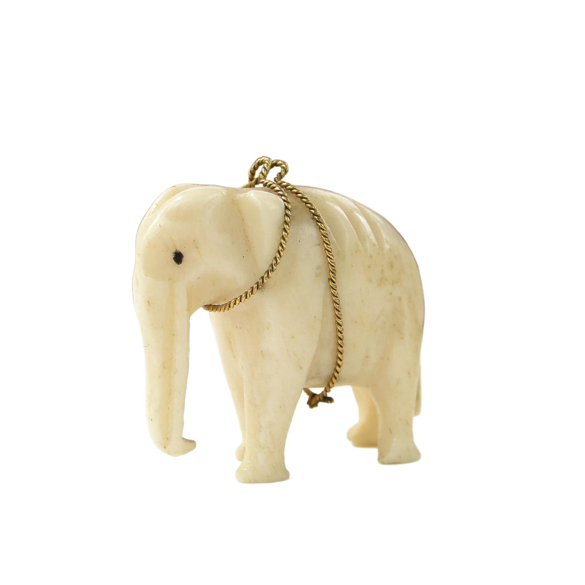 Elephant Pendant, beige natural bone, gold jewellery wire, United Kingdom, 19th century