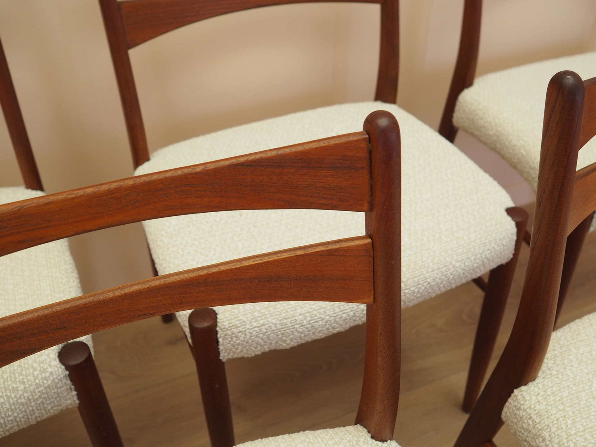 Set of six chairs, brown teak, beige fabric, Denmark, 1960s. - 347727