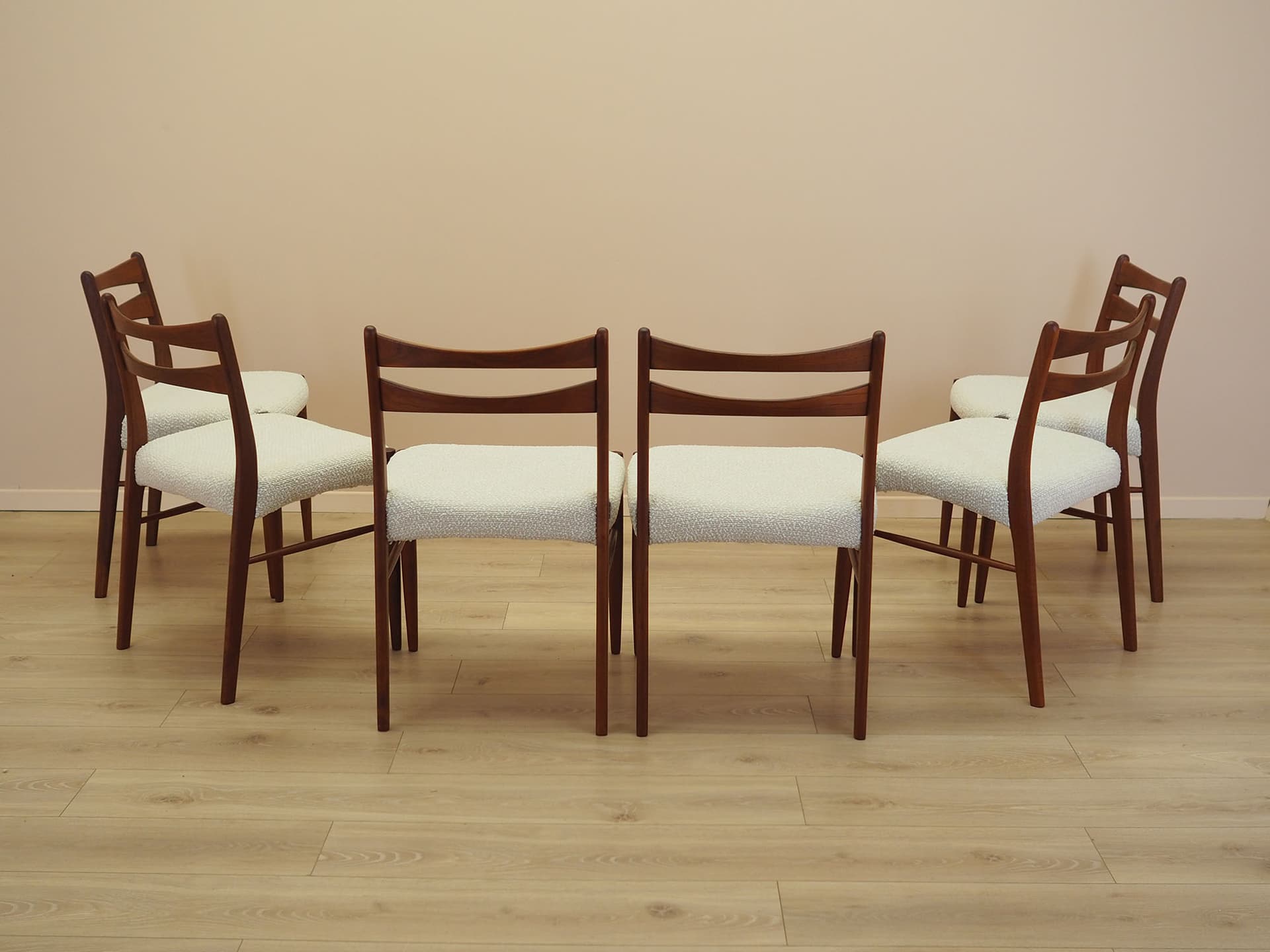 Set of six chairs, brown teak, beige fabric, Denmark, 1960s. - 347734