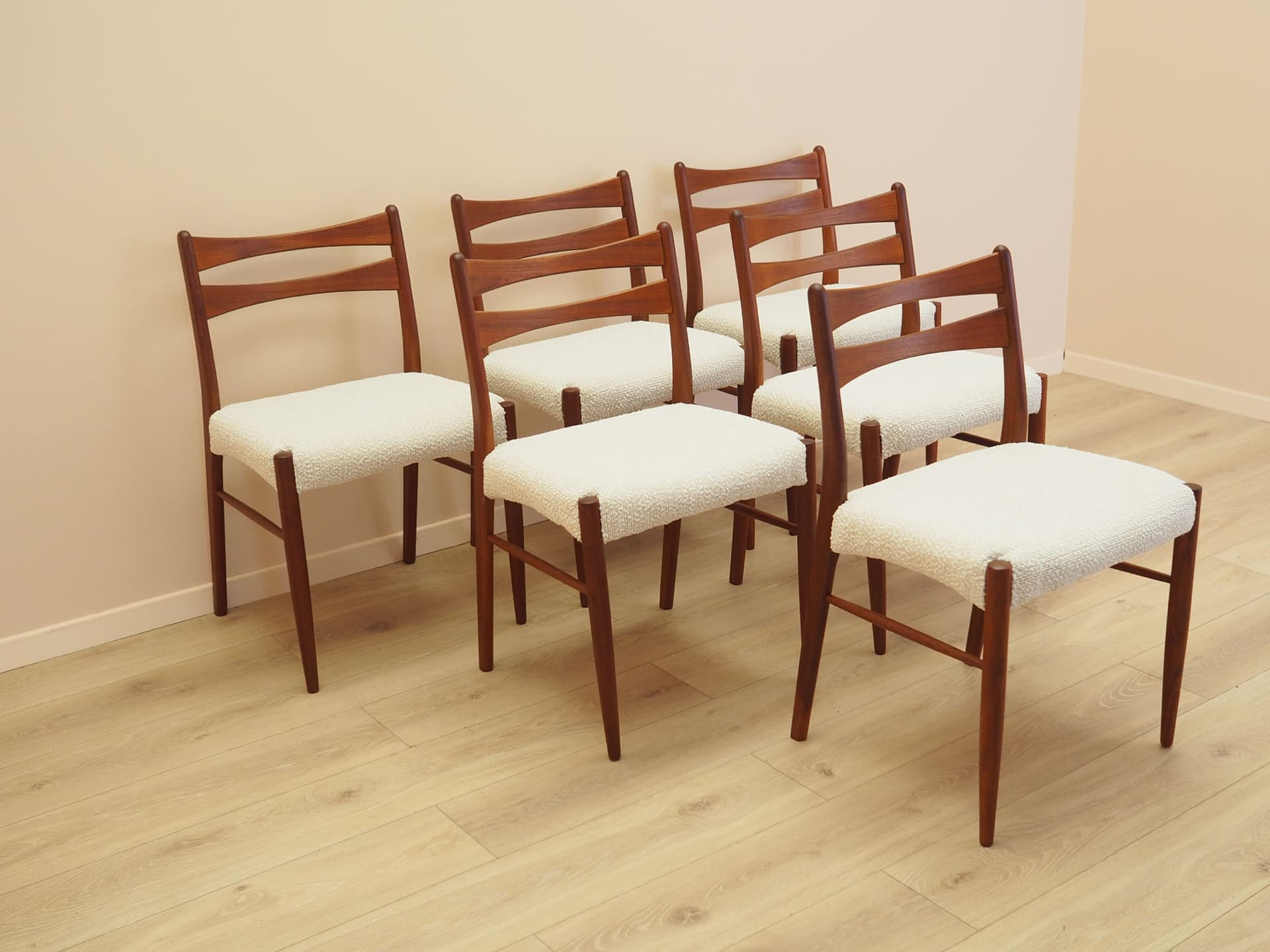 Set of six chairs, brown teak, beige fabric, Denmark, 1960s. - 347722