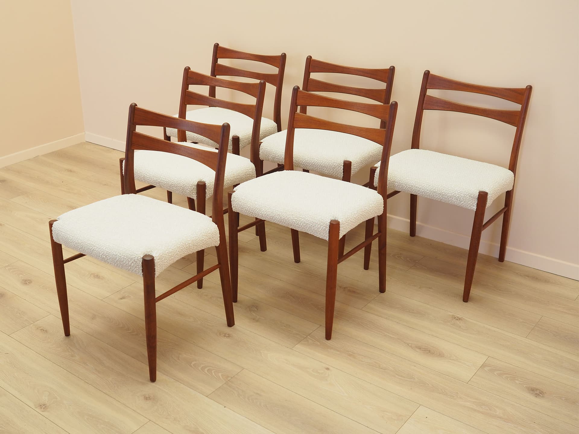 Set of six chairs, brown teak, beige fabric, Denmark, 1960s. - 347723