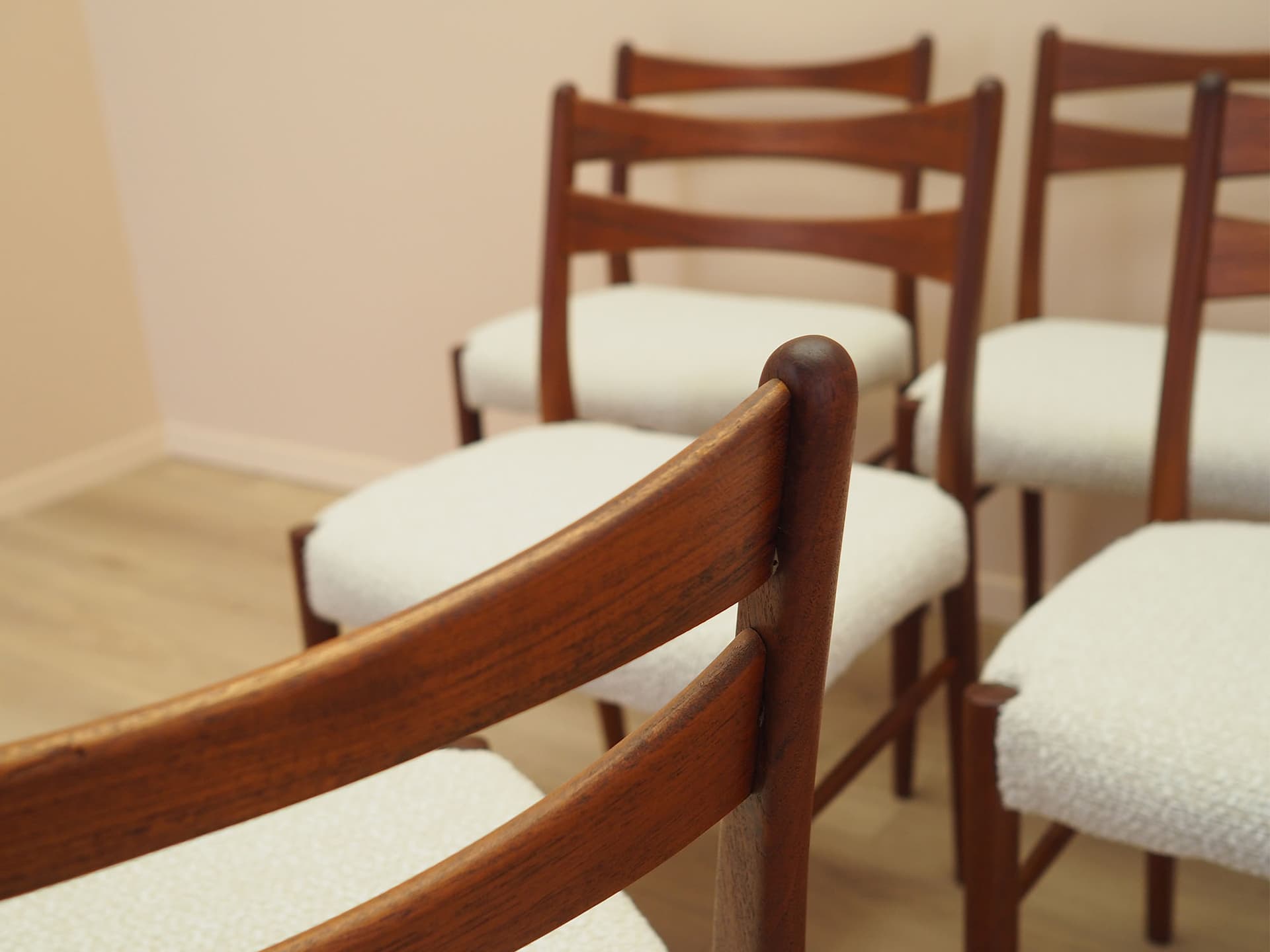 Set of six chairs, brown teak, beige fabric, Denmark, 1960s. - 347726