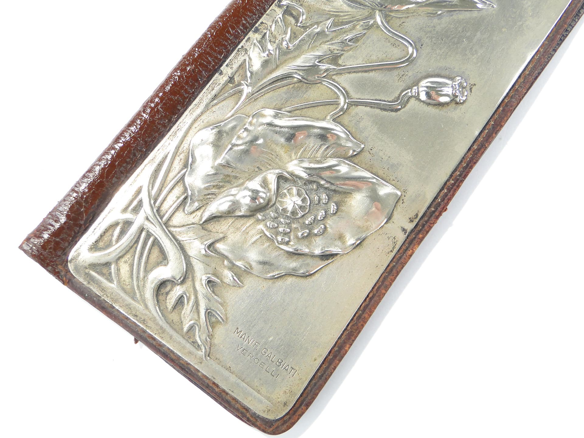 Business card case Stile Liberty, brown leather, silver, silk, Italy, early 20th c. - 347799