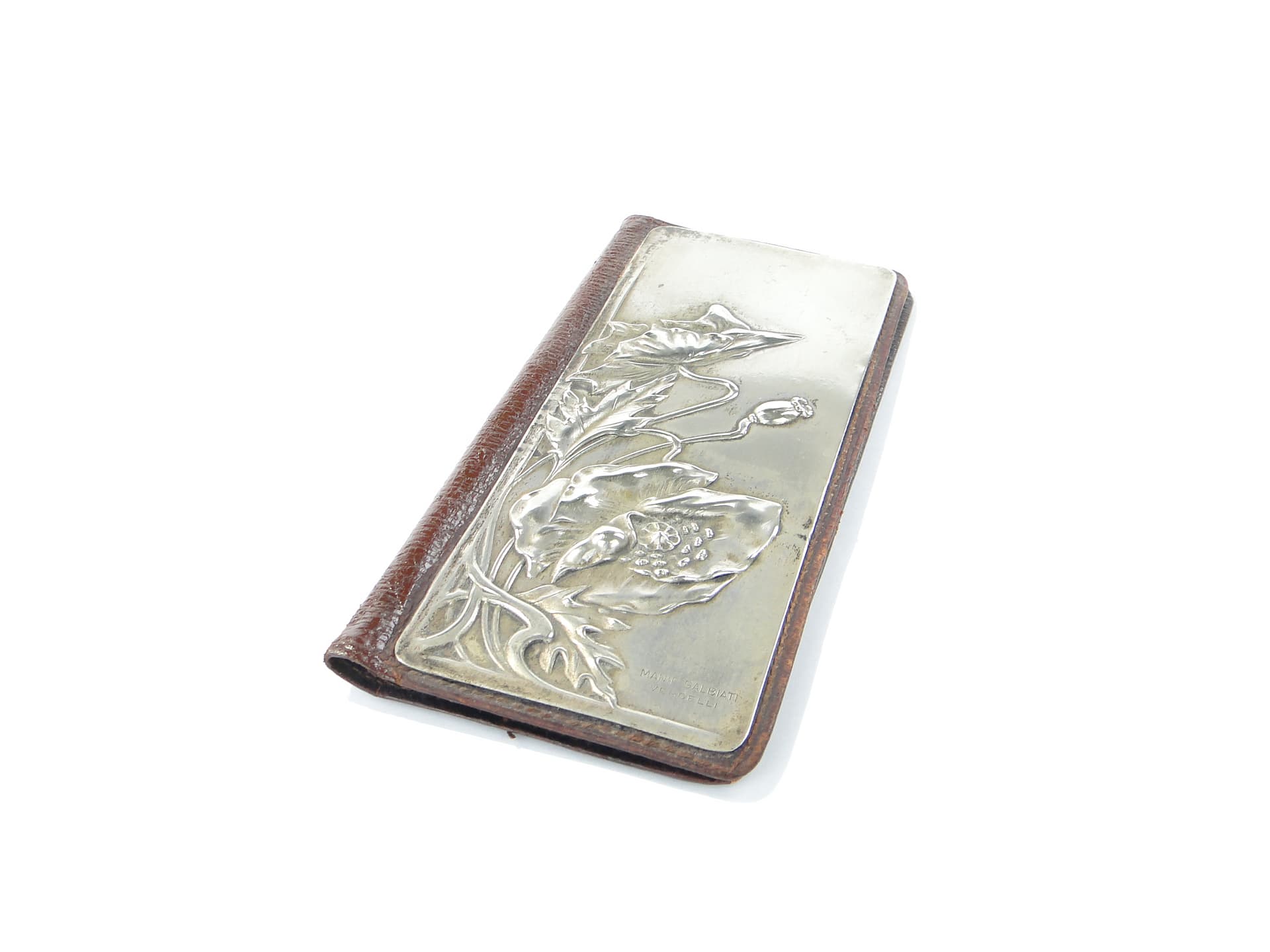 Business card case Stile Liberty, brown leather, silver, silk, Italy, early 20th c. - 347793